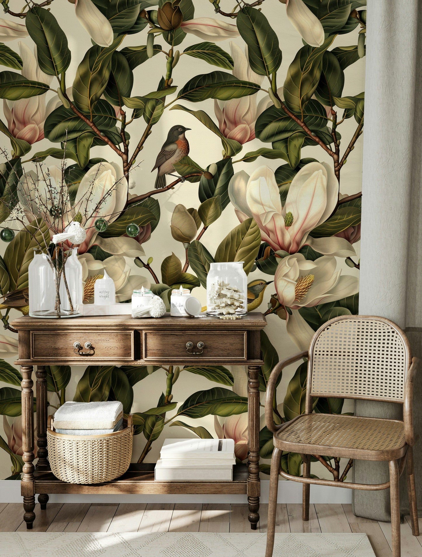 Magnolia Floral Wallpaper Light Background Detailed Flowers and Birds Elegant Botanical Wall Mural