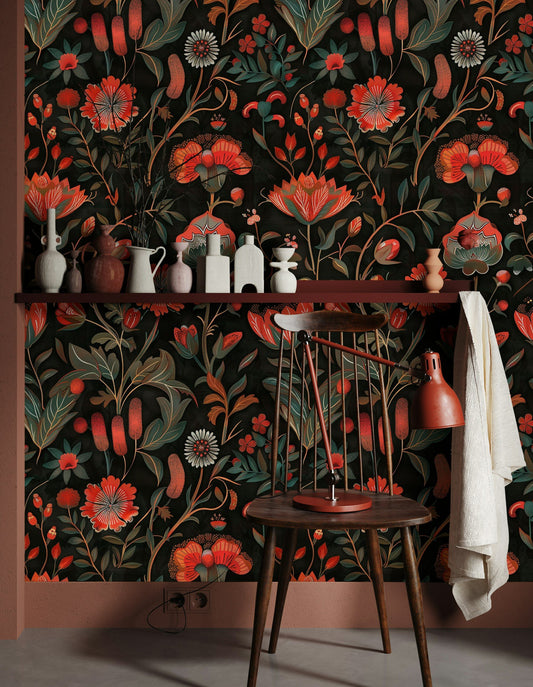 Bold Dark Red Floral Wallpaper Red and Orange Flowers