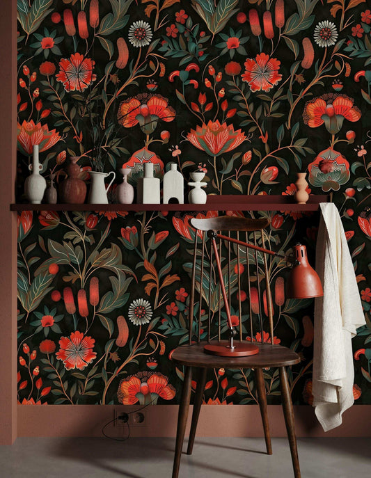 Bold Dark Red Floral Wallpaper Peel and Stick Black Background Vibrant Red and Orange Flowers Wall Mural