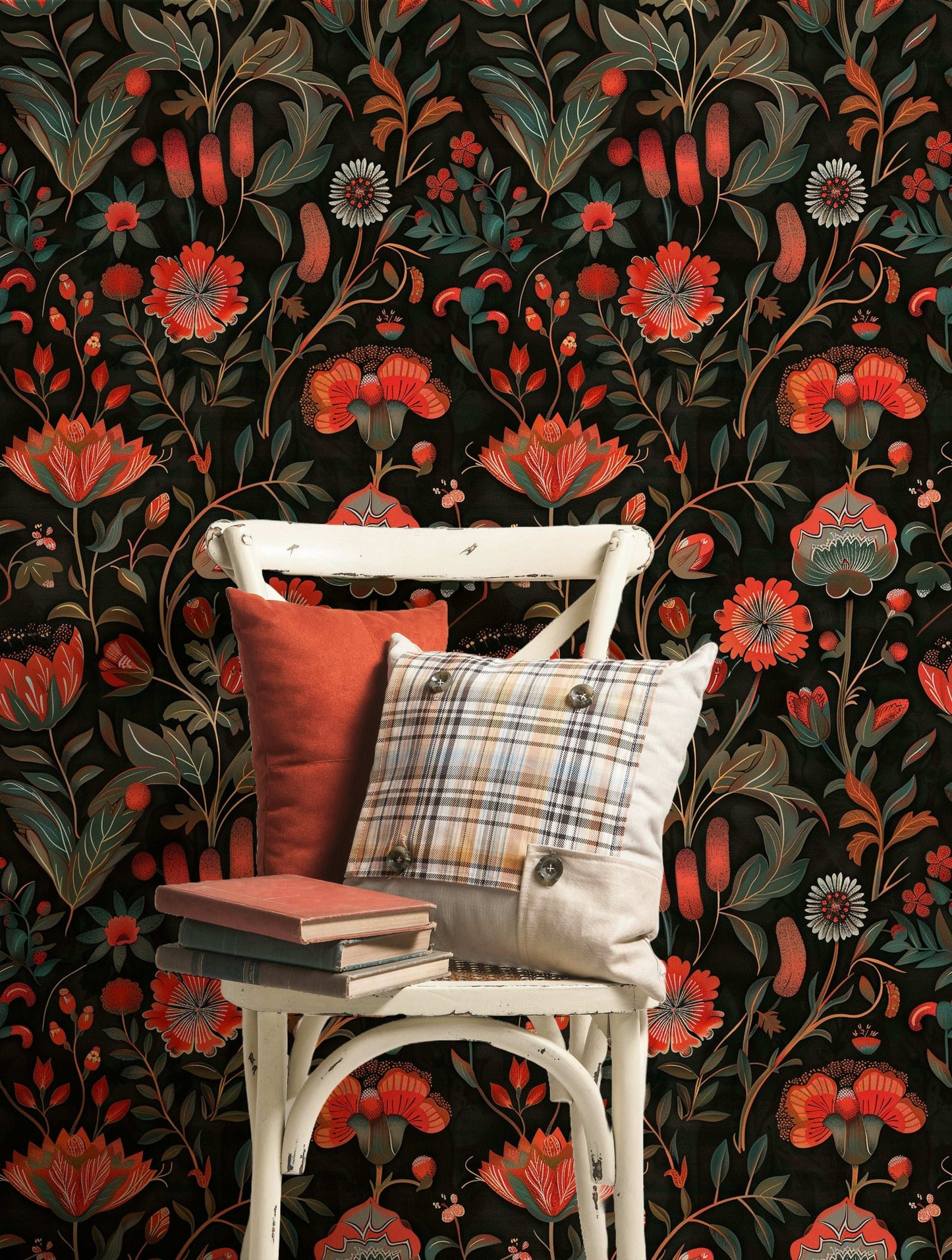 Bold Dark Red Floral Wallpaper Peel and Stick Black Background Vibrant Red and Orange Flowers Wall Mural