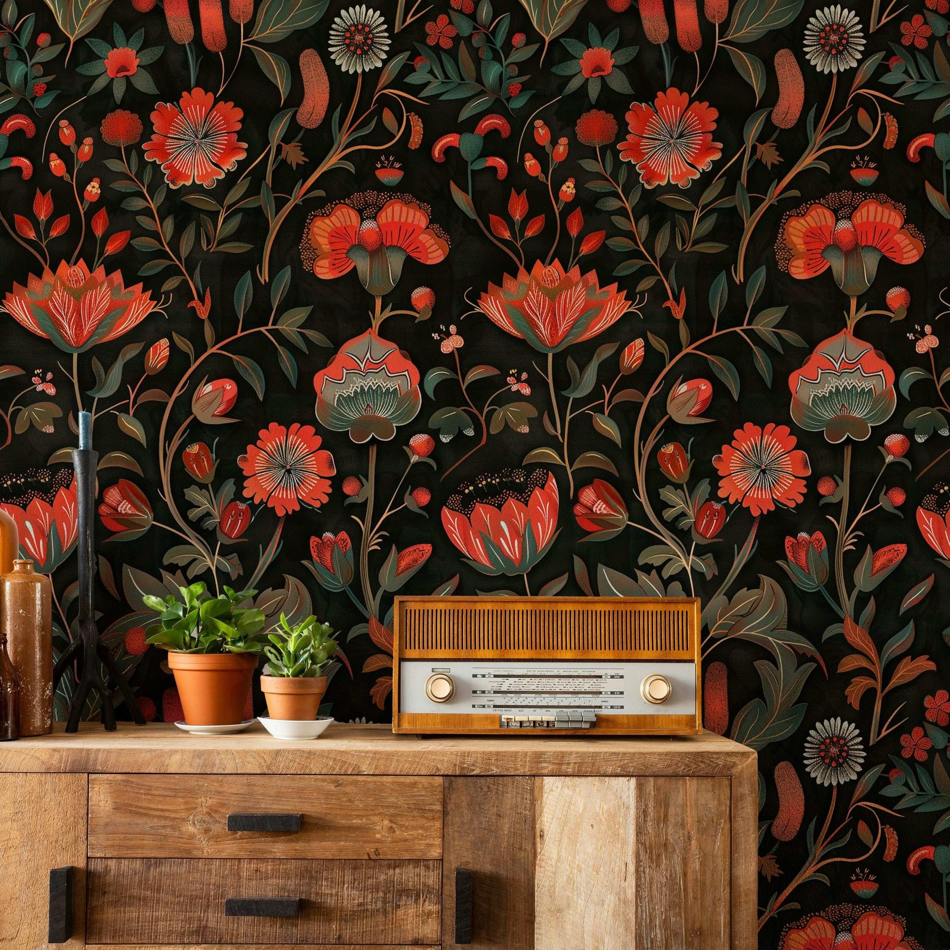 Bold Dark Red Floral Wallpaper Peel and Stick Black Background Vibrant Red and Orange Flowers Wall Mural