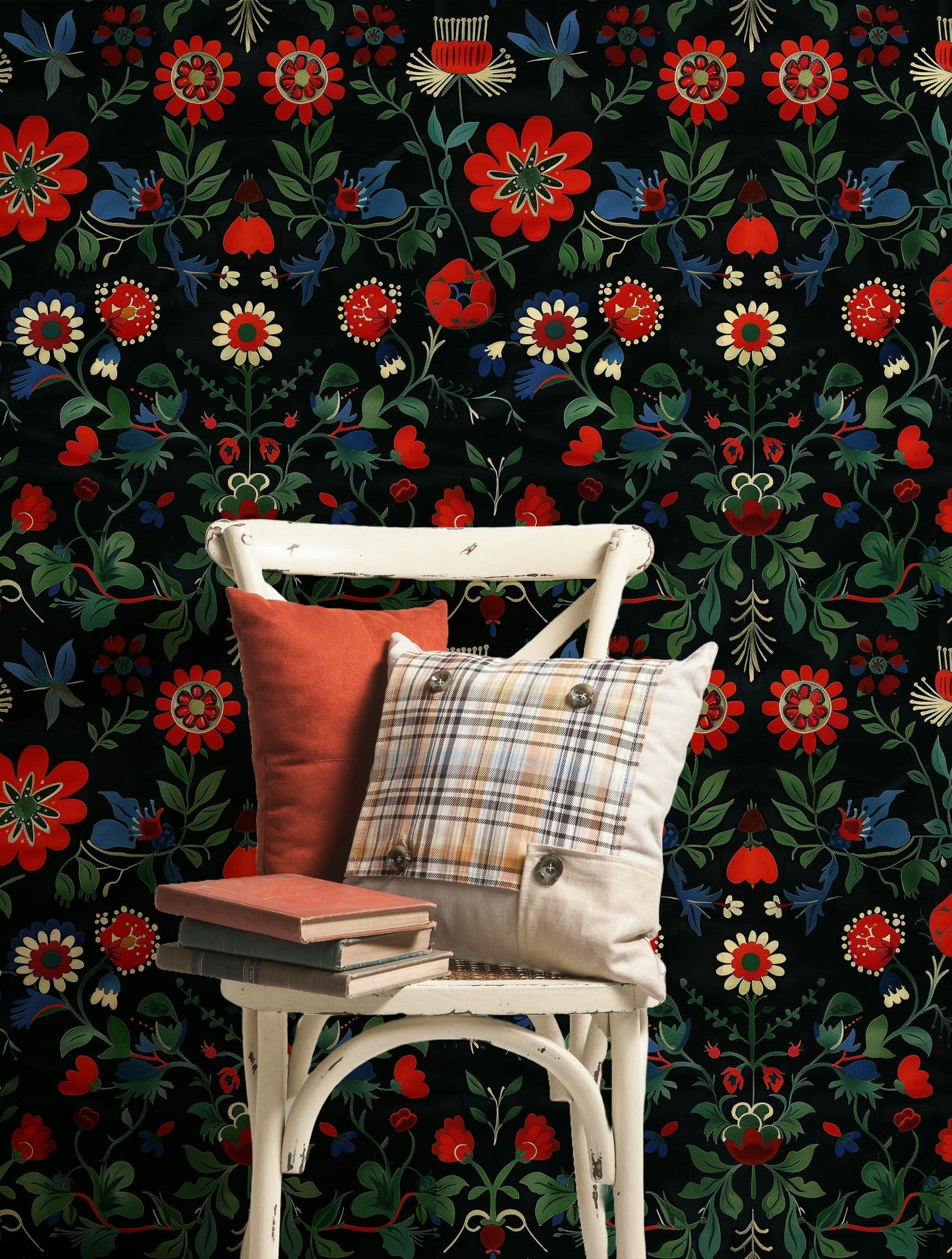 Vibrant Floral Wallpaper - Black Background, Colorful Flowers, Bold Botanical Design Wall Mural