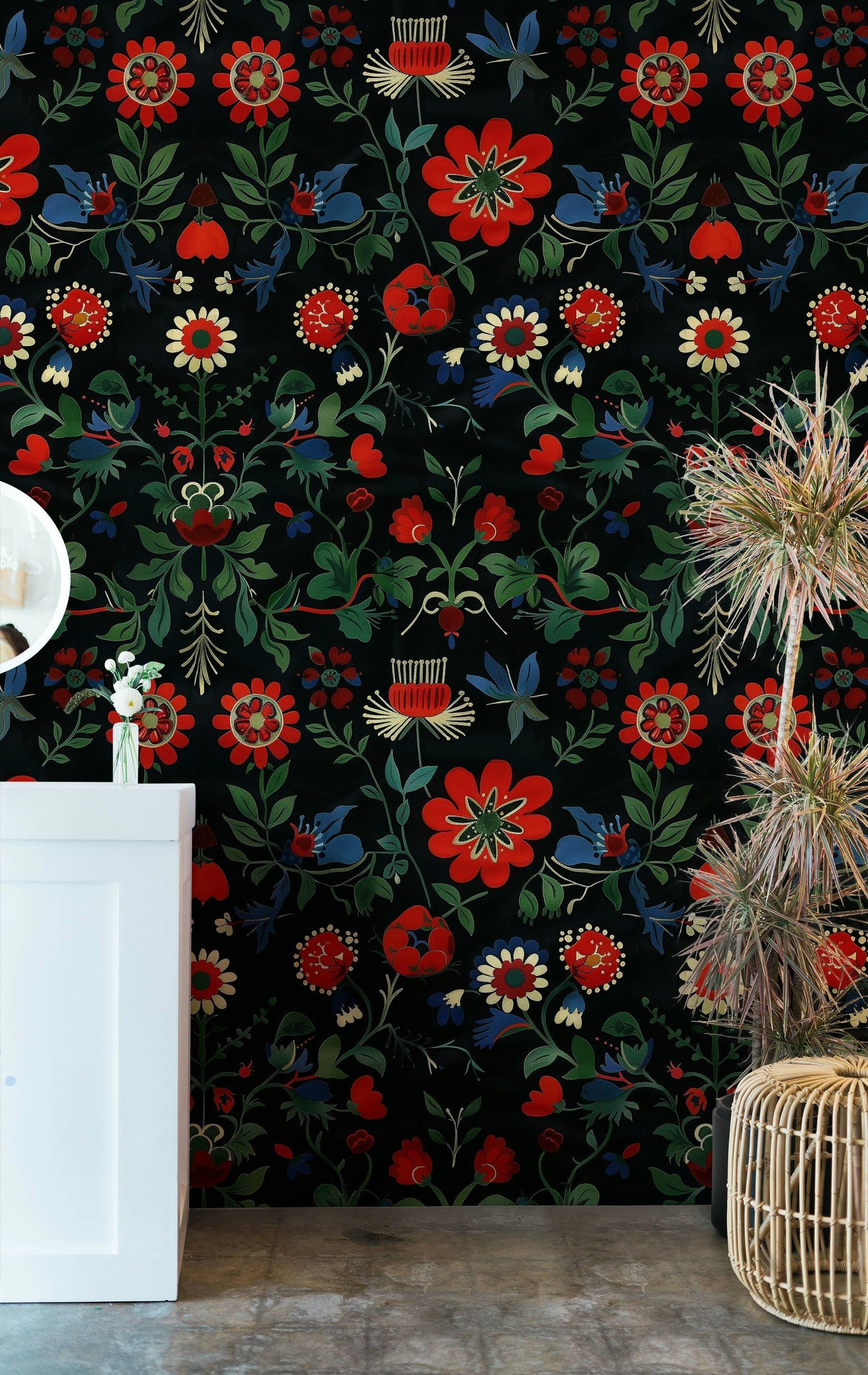 Vibrant Floral Wallpaper - Black Background, Colorful Flowers, Bold Botanical Design Wall Mural