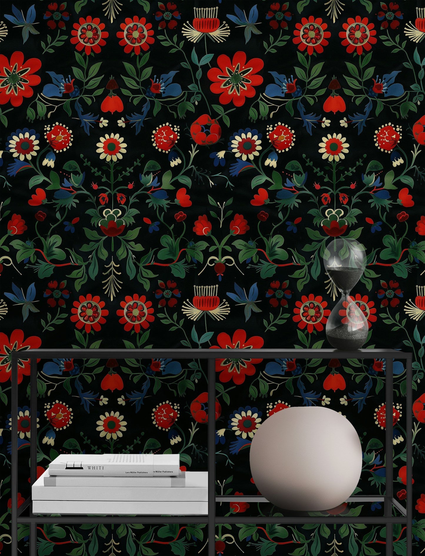 Vibrant Floral Wallpaper - Black Background, Colorful Flowers, Bold Botanical Design Wall Mural