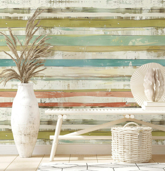 Vintage Pastel Stripe Wallpaper Distressed Horizontal Stripes Soft Colors Rustic Chic Wall Mural