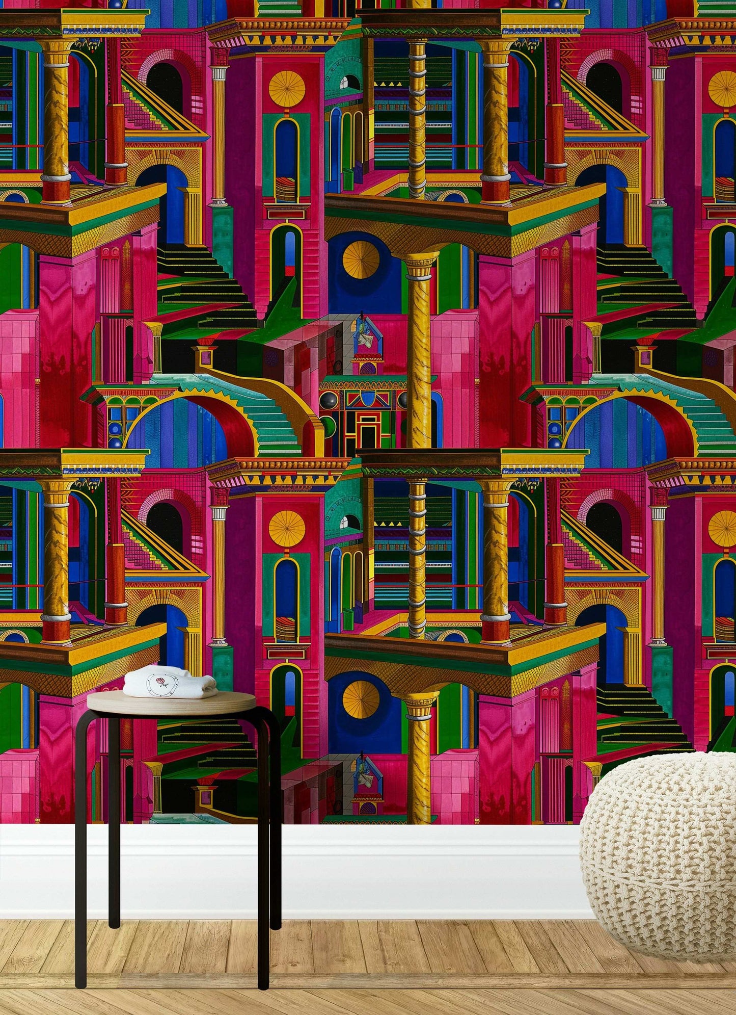 Whimsical Wonderland Wallpaper Peel and Stick Vibrant Architectural Design Abstract Geometric Shapes Colorful Art Mural