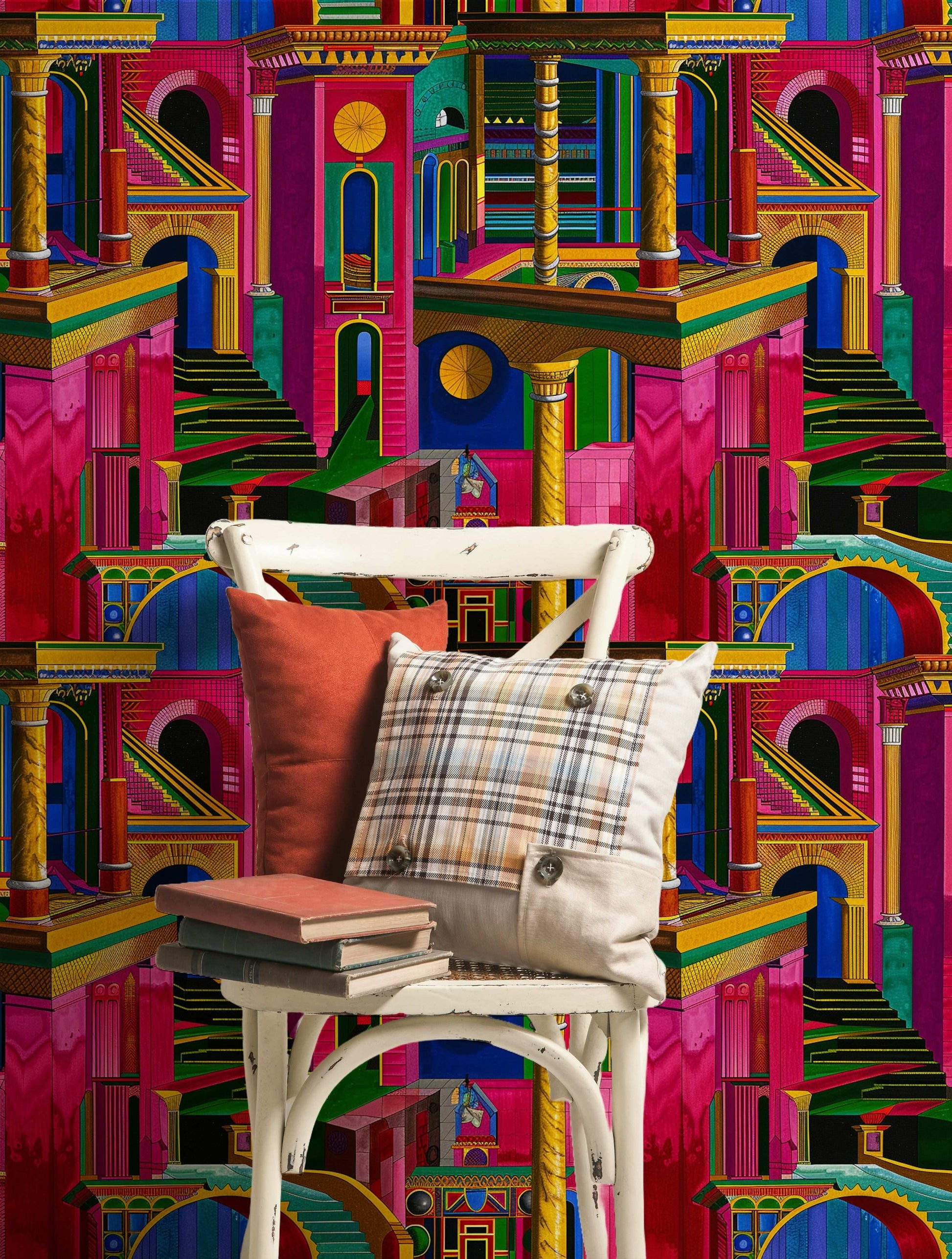 Whimsical Wonderland Wallpaper Peel and Stick Vibrant Architectural Design Abstract Geometric Shapes Colorful Art Mural