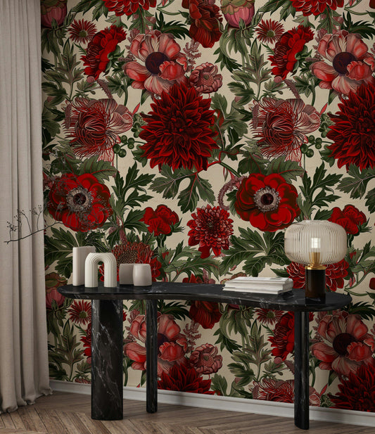 Bold Red Floral Wallpaper Vibrant Flowers Wall Mural