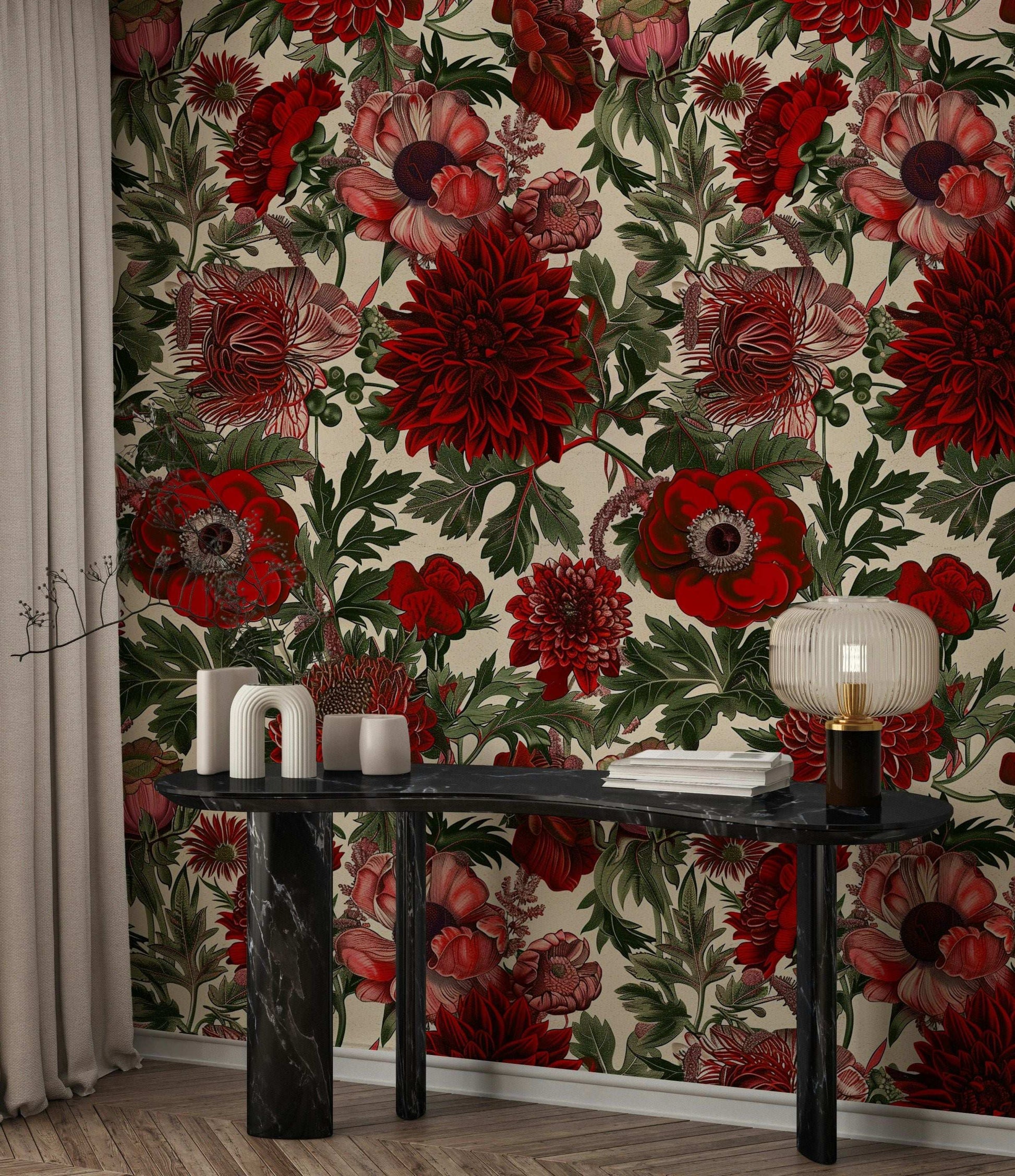 Bold Red Floral Wallpaper Vibrant Flowers Light Background Elegant Botanical Wall Mural