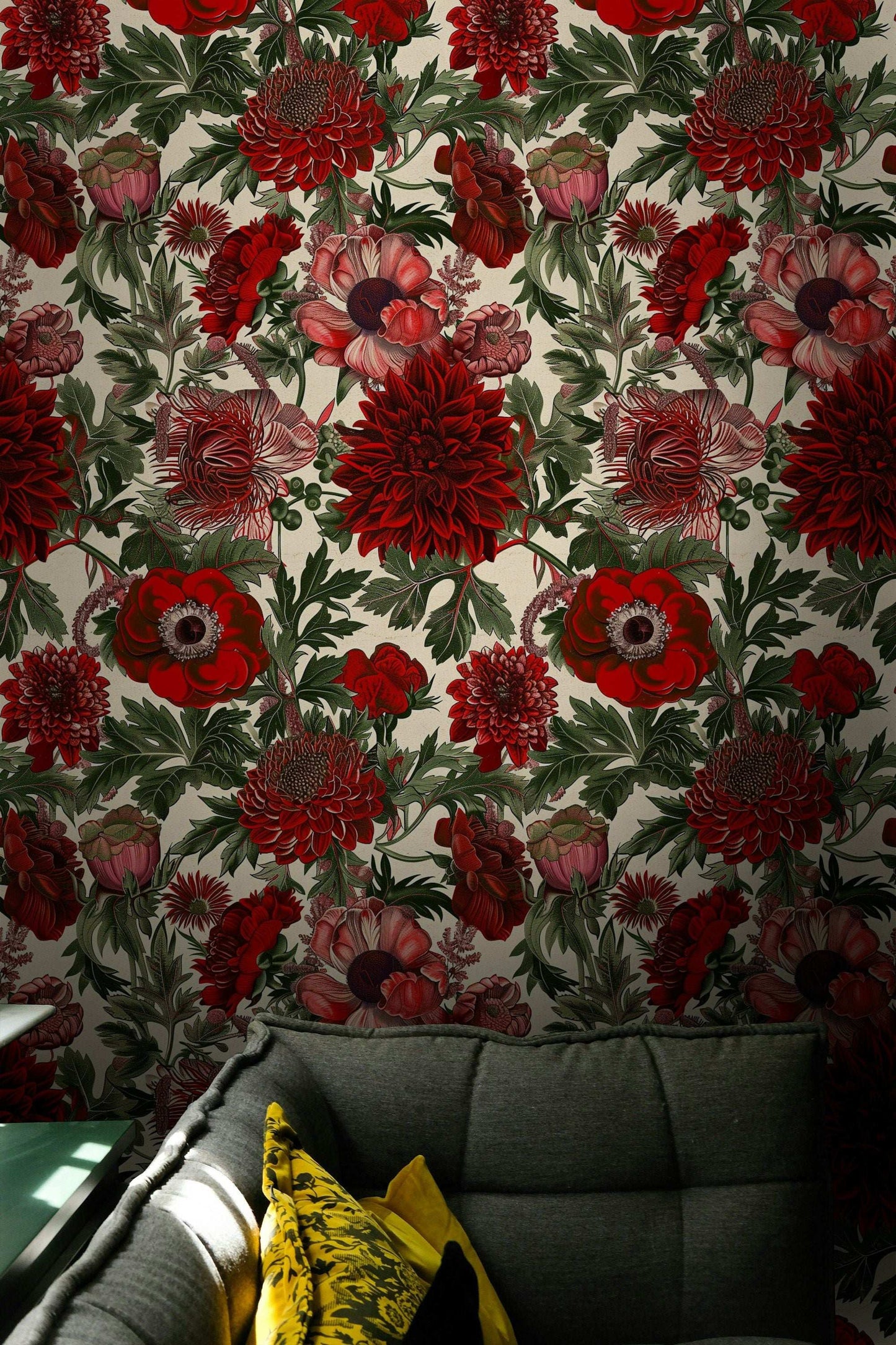 Bold Red Floral Wallpaper Vibrant Flowers Light Background Elegant Botanical Wall Mural