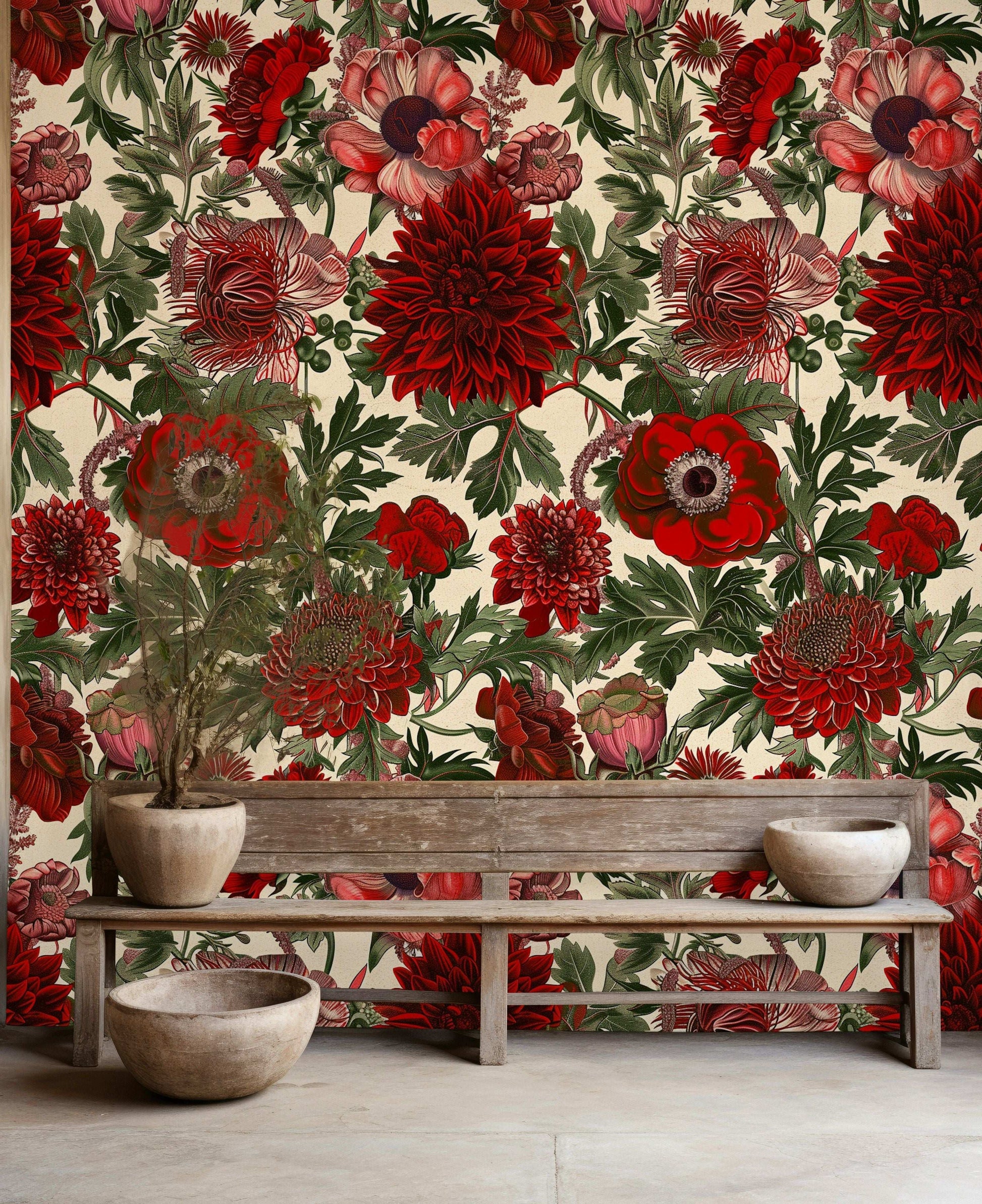 Bold Red Floral Wallpaper Vibrant Flowers Light Background Elegant Botanical Wall Mural