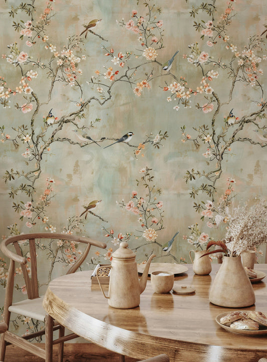 Cherry Blossom Wallpaper Chinoiserie Birds and Flowers, Soft Pastel Background, Elegant Botanical Wall Mural