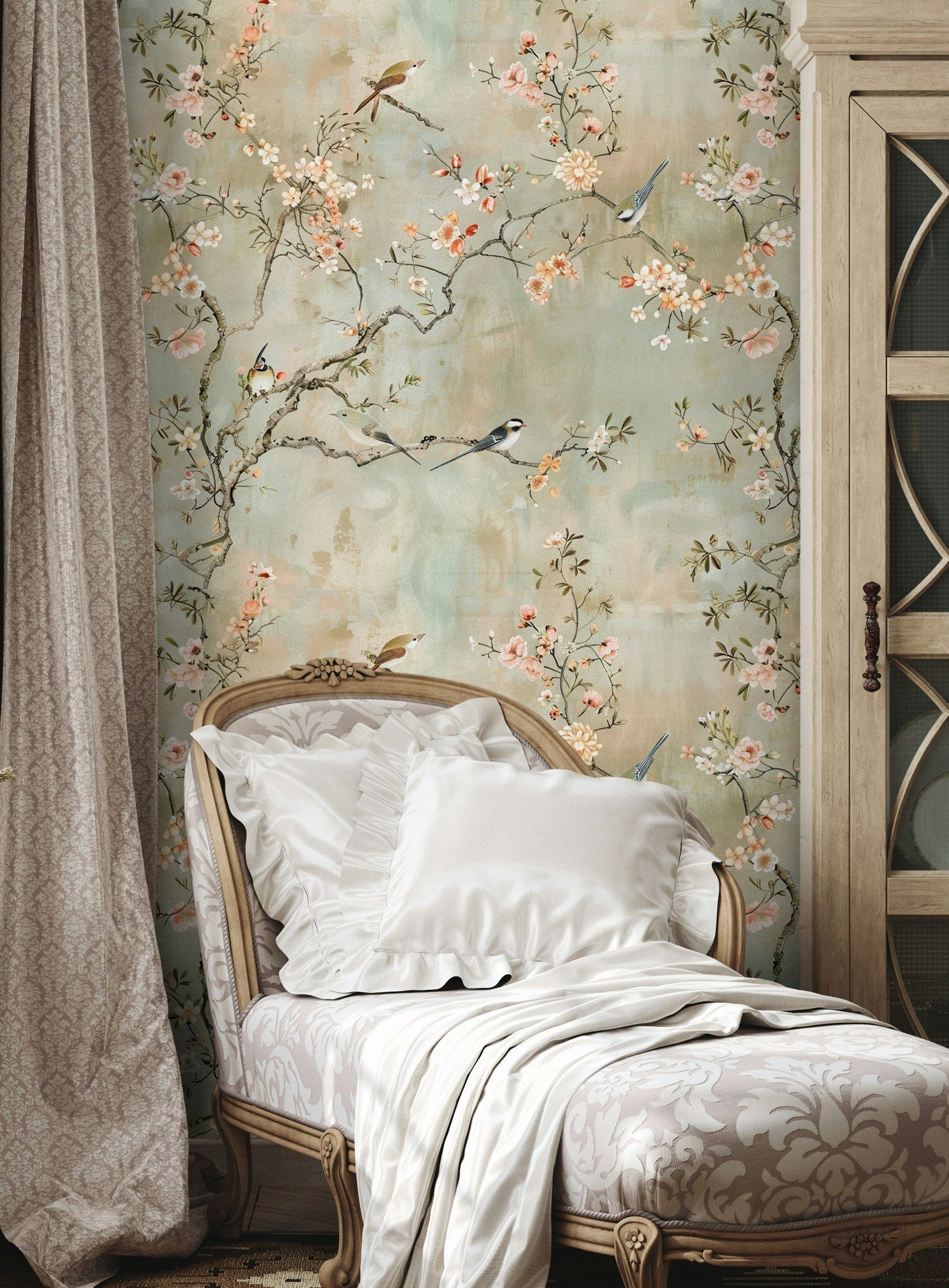 Cherry Blossom Wallpaper Chinoiserie Birds and Flowers, Soft Pastel Background, Elegant Botanical Wall Mural