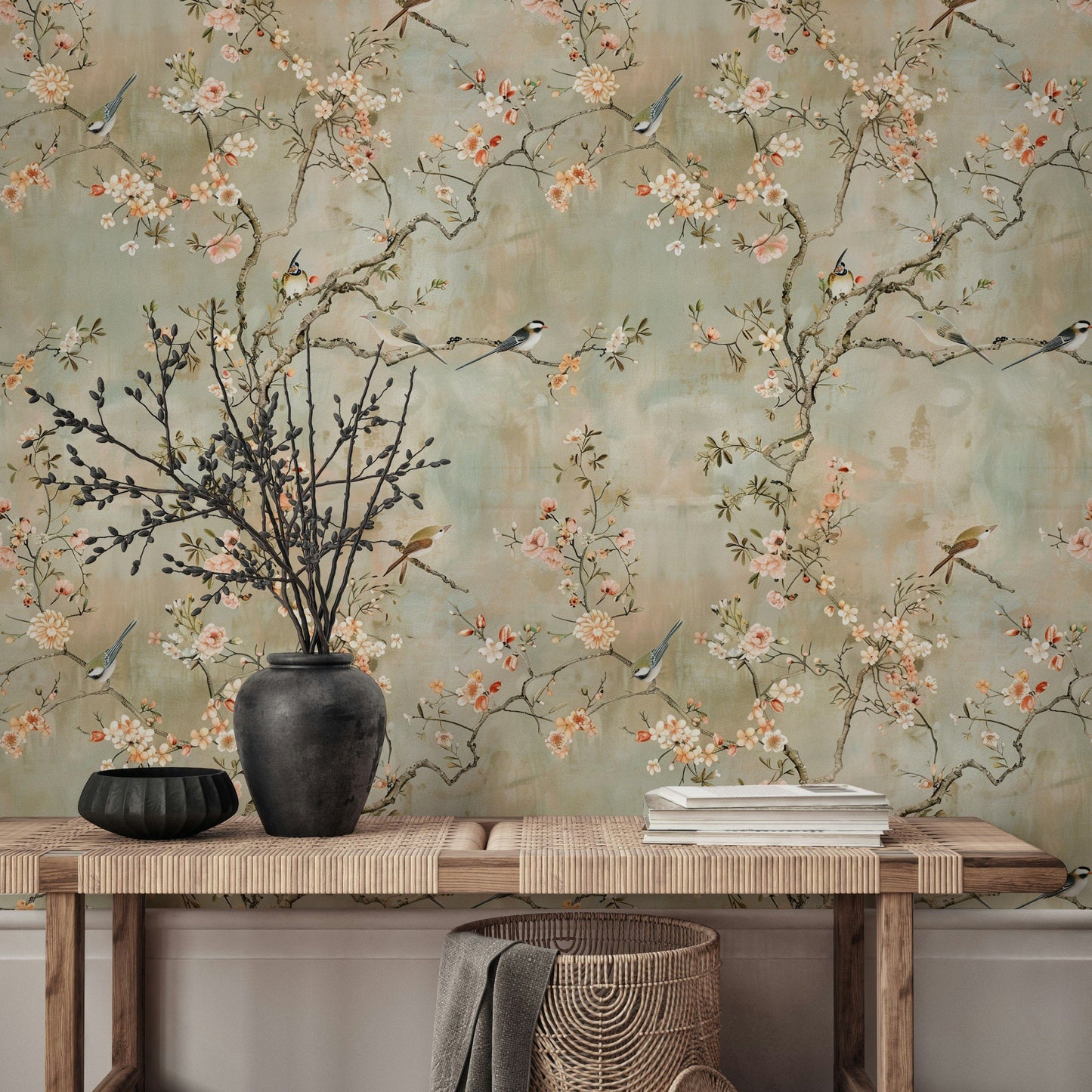 Cherry Blossom Wallpaper Chinoiserie Birds and Flowers, Soft Pastel Background, Elegant Botanical Wall Mural