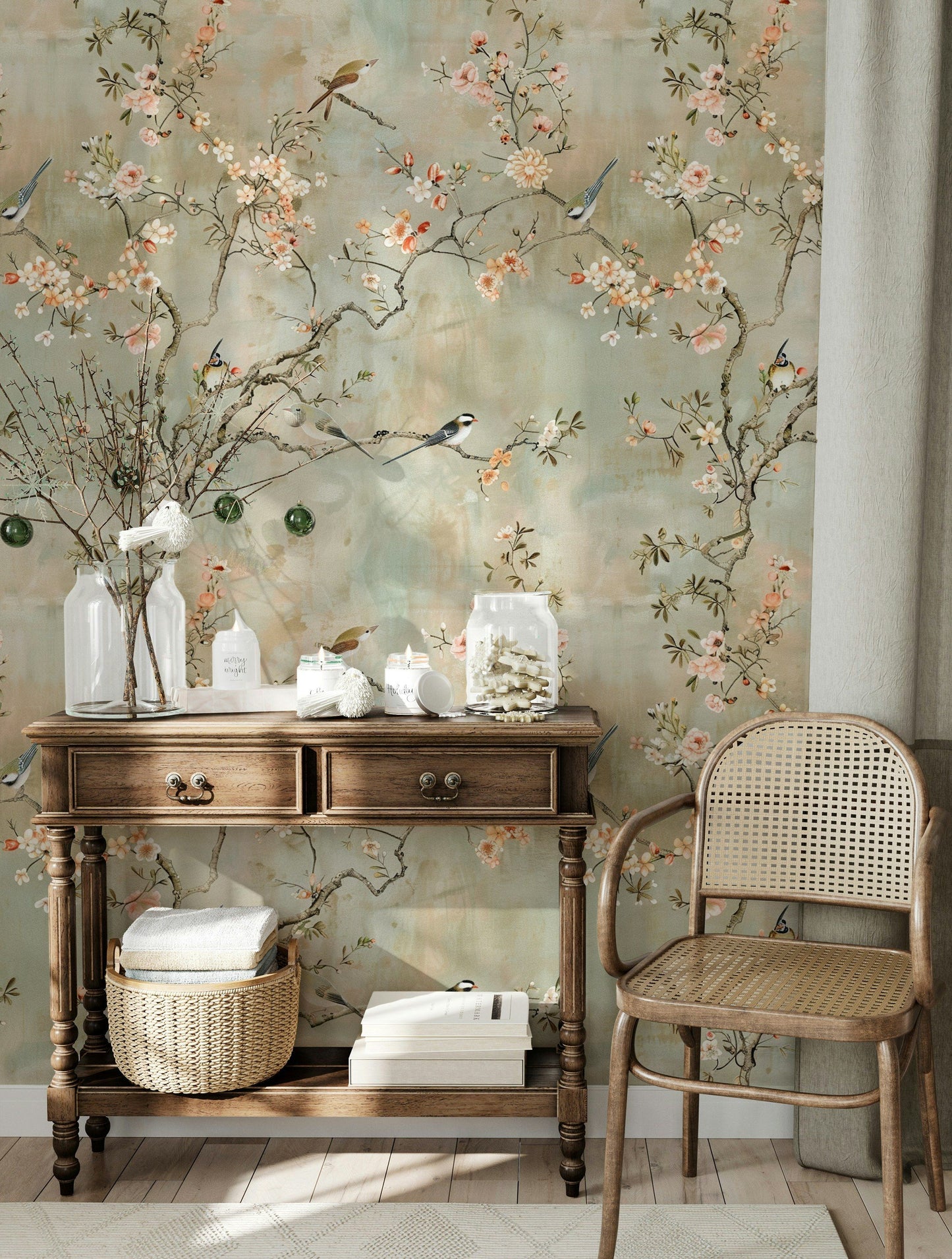 Cherry Blossom Wallpaper Chinoiserie Birds and Flowers, Soft Pastel Background, Elegant Botanical Wall Mural