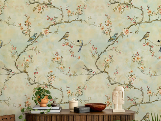 Elegant Bird and Floral Wallpaper Soft Pastel Background, Delicate Branches and Flowers, Vintage Wall Mural