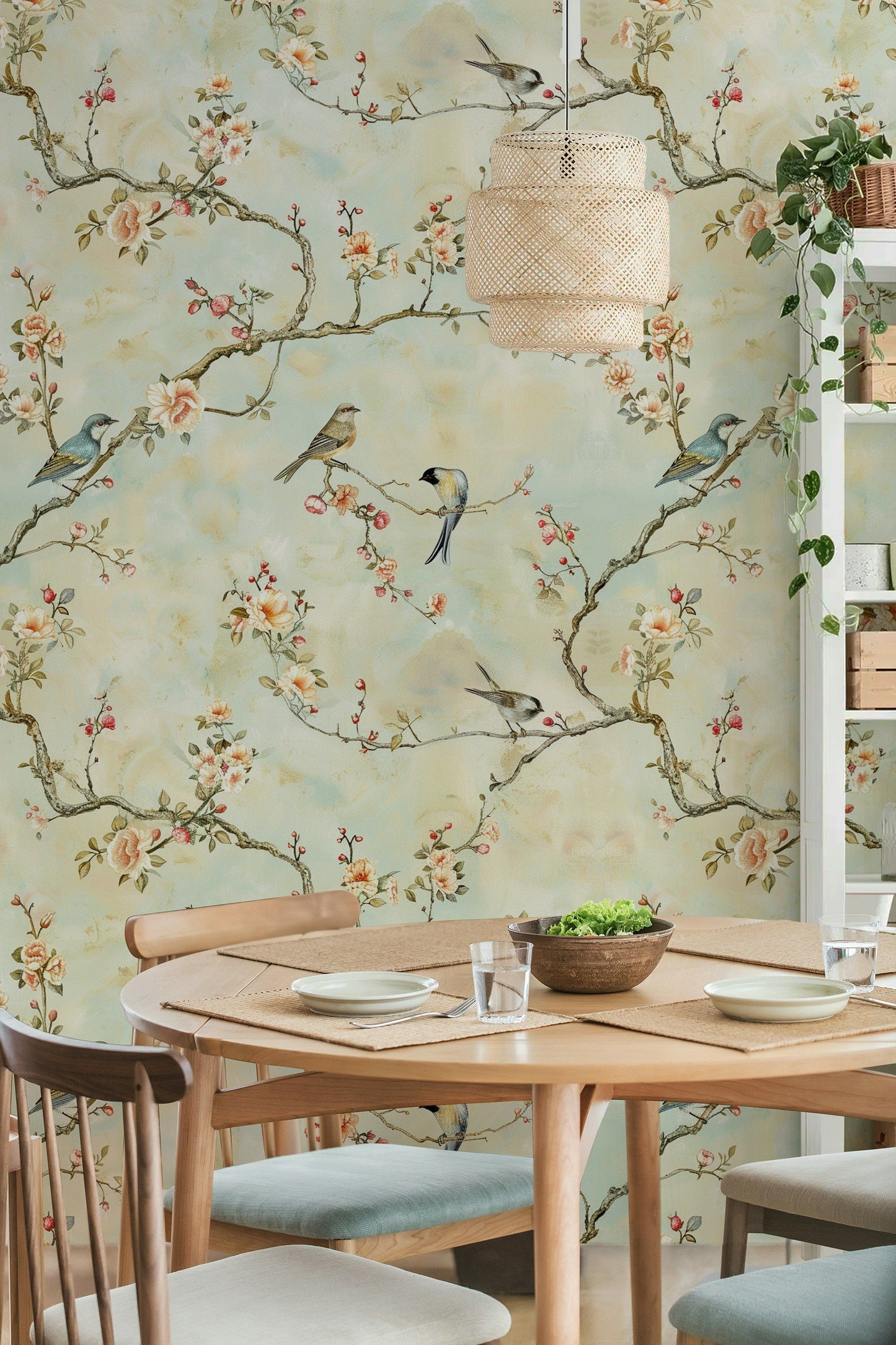 Elegant Bird and Floral Wallpaper Soft Pastel Background, Delicate Branches and Flowers, Vintage Wall Mural