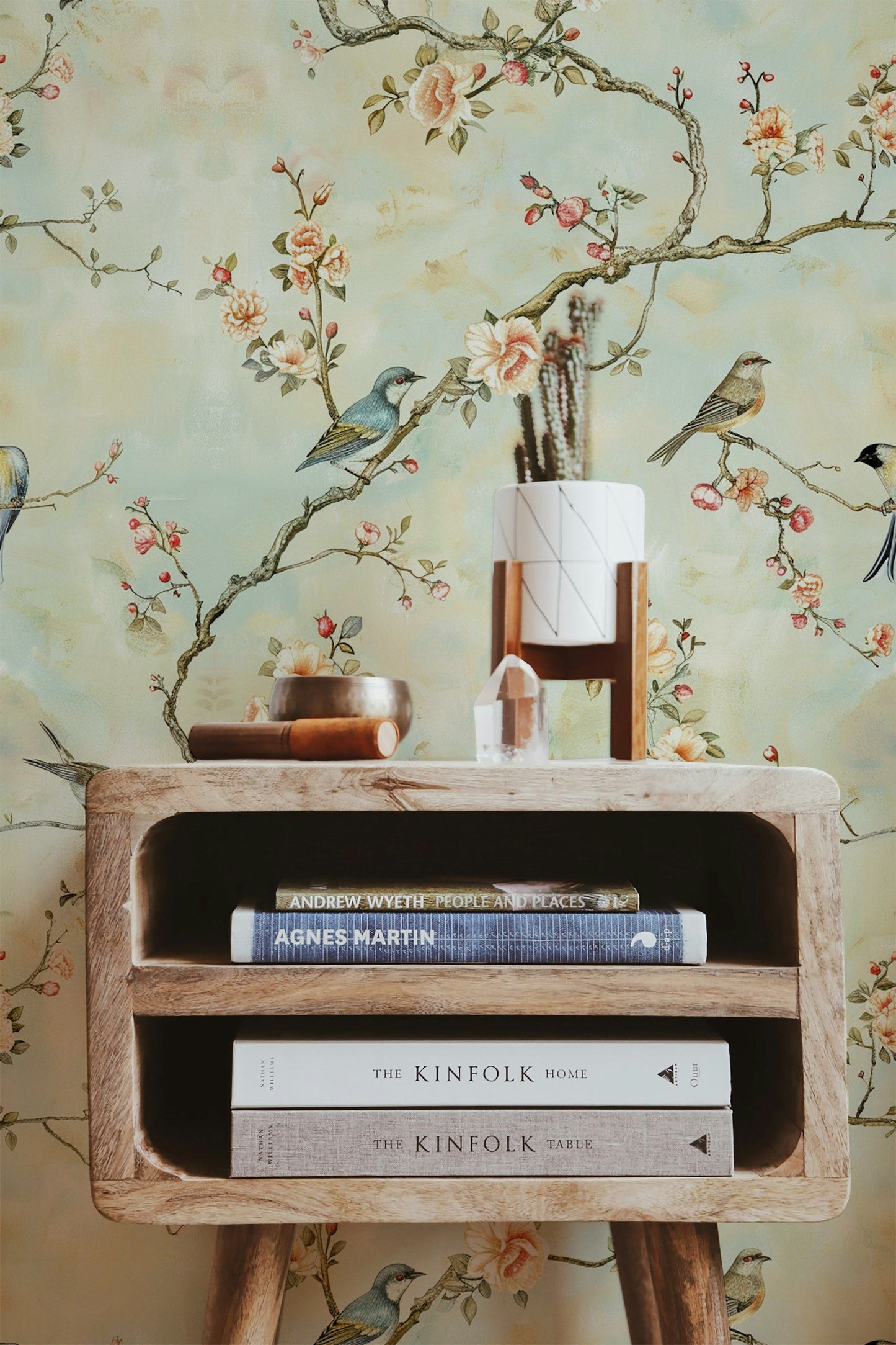 Elegant Bird and Floral Wallpaper Soft Pastel Background, Delicate Branches and Flowers, Vintage Wall Mural