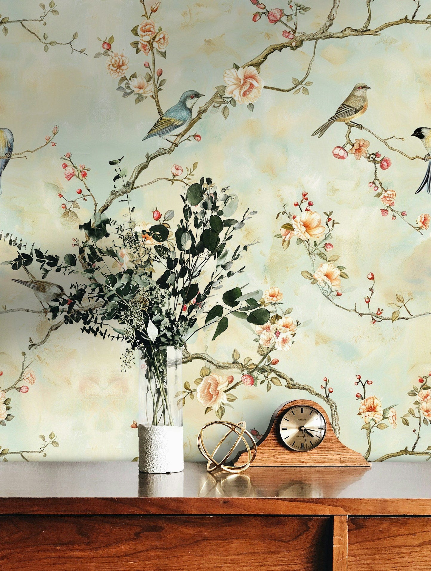 Elegant Bird and Floral Wallpaper Soft Pastel Background, Delicate Branches and Flowers, Vintage Wall Mural