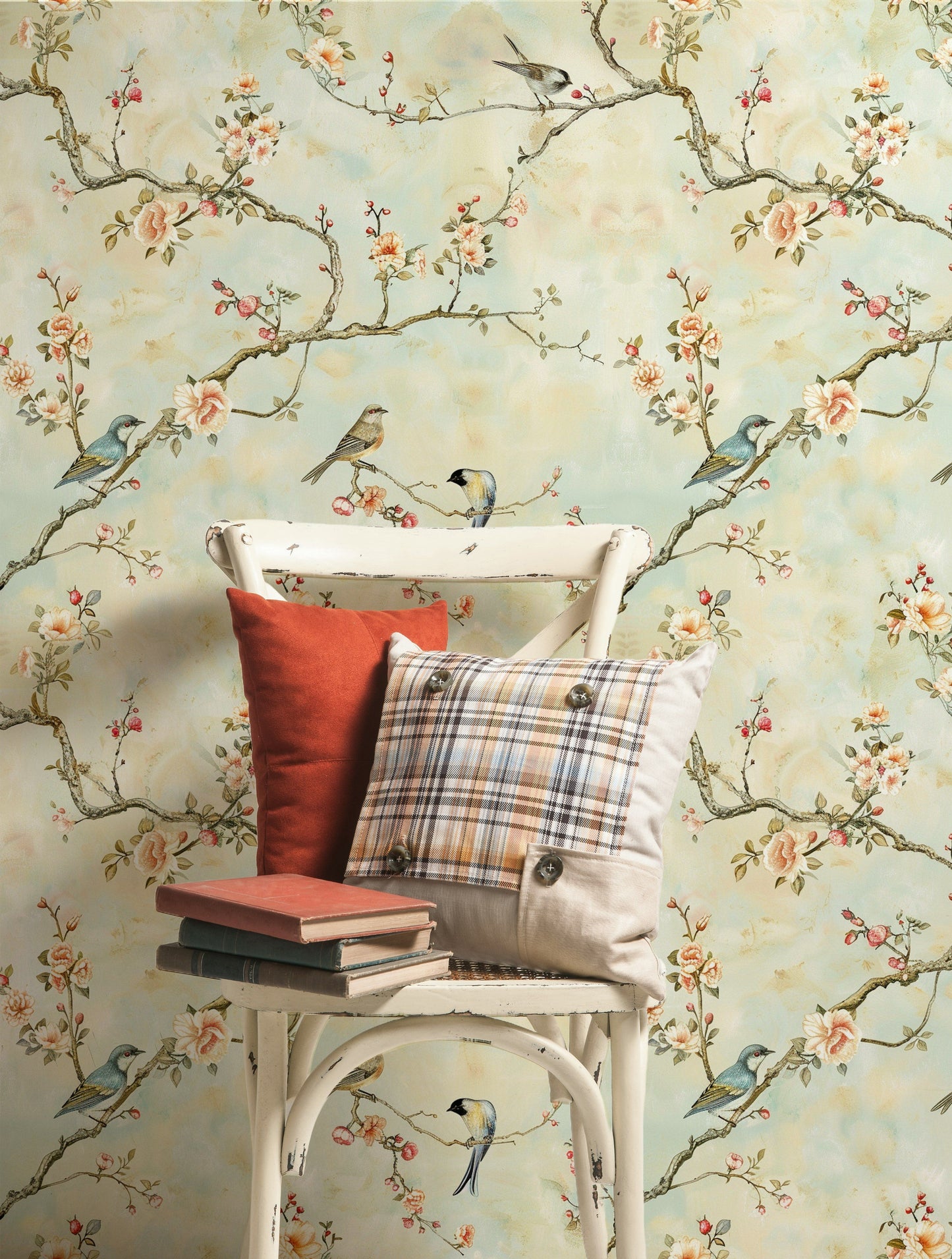 Elegant Bird and Floral Wallpaper Soft Pastel Background, Delicate Branches and Flowers, Vintage Wall Mural