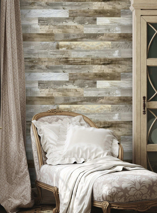 Rustic Wood Plank Wallpaper Natural Wood Grain Vintage Farmhouse Style Brown and Gray Tones Wall Mural