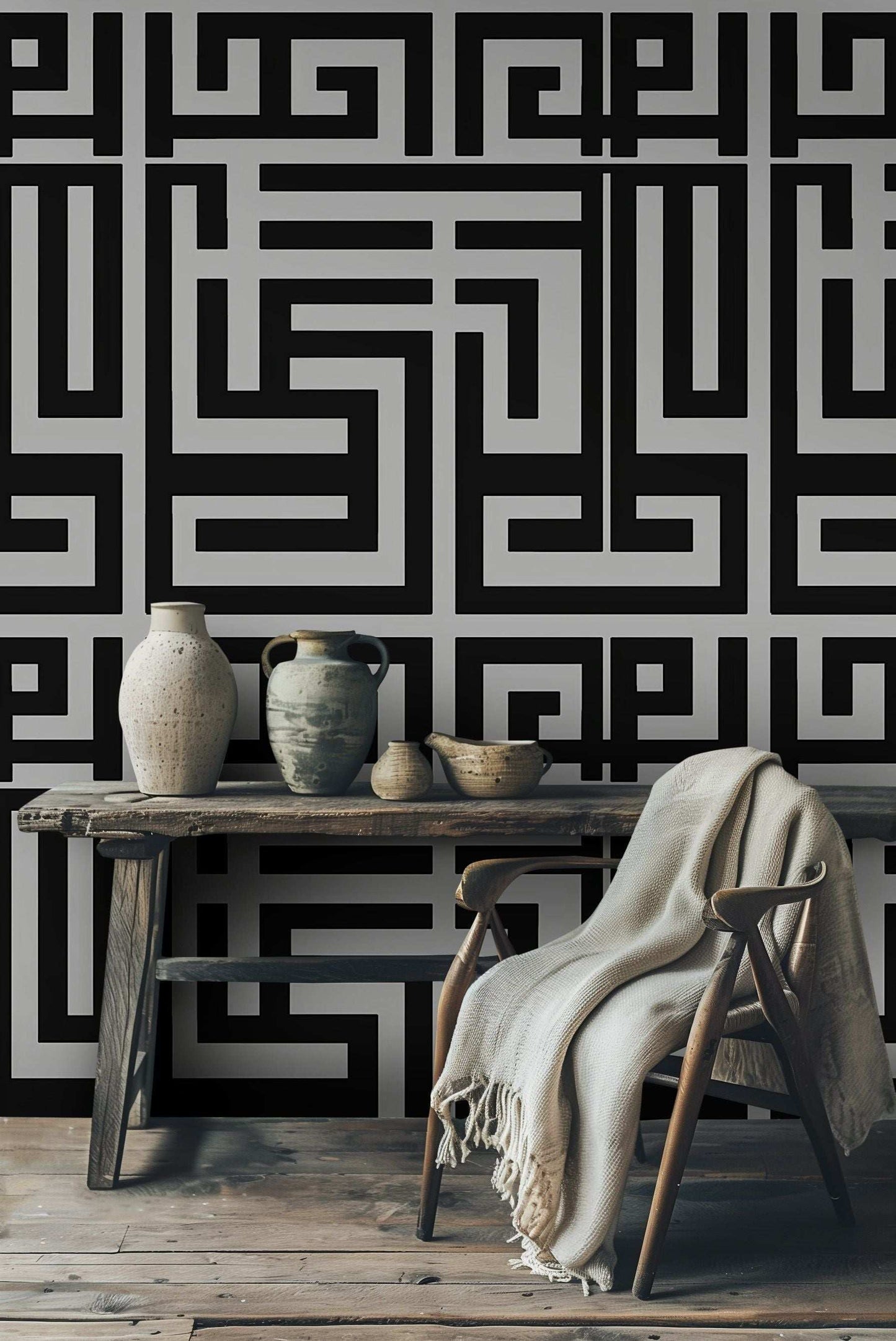 Modern Geometric Maze Pattern Wallpaper Peel and Stick Black and Gray Wall Mural