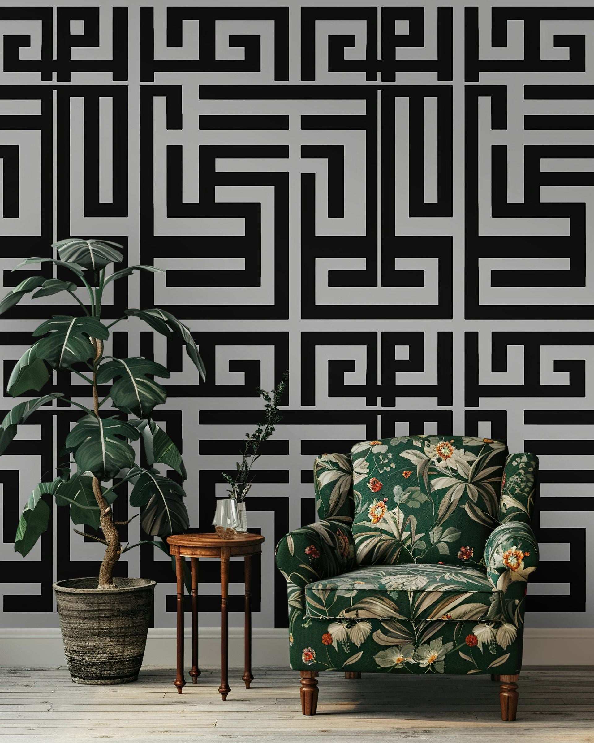 Modern Geometric Maze Pattern Wallpaper Peel and Stick Black and Gray Wall Mural