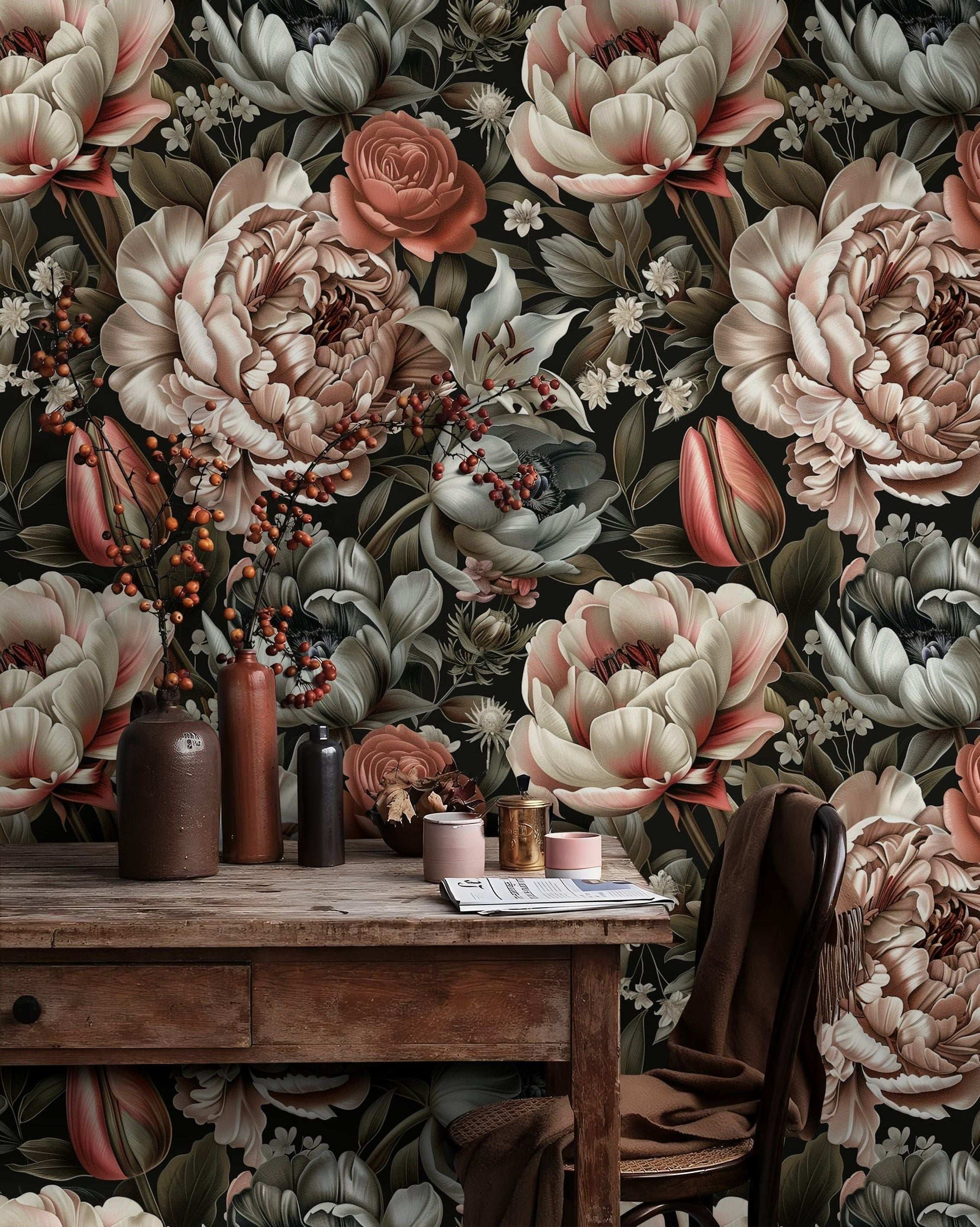 Peony Floral Wallpaper Pastel Tones Elegant Wall Mural