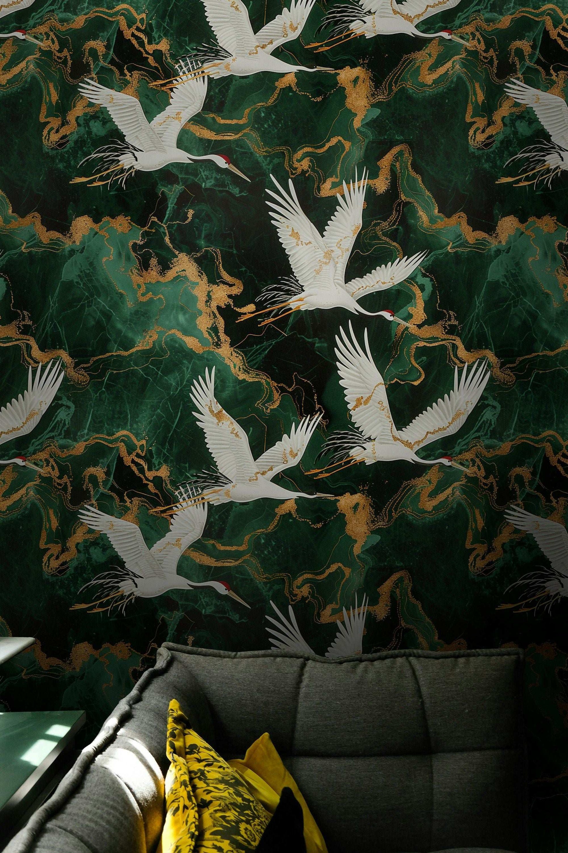 Japanese Crane Wallpaper Emerald Green Peel Stick Roll