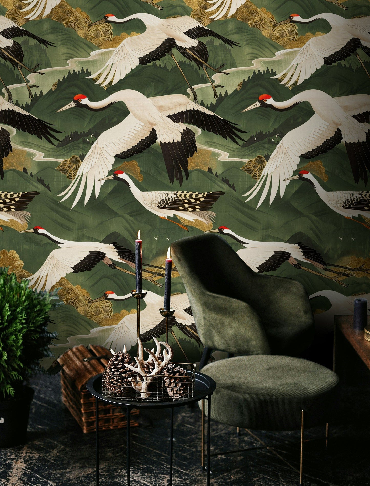 Elegant Crane Wallpaper Japanese Wall Mural Peel and Stick Roll