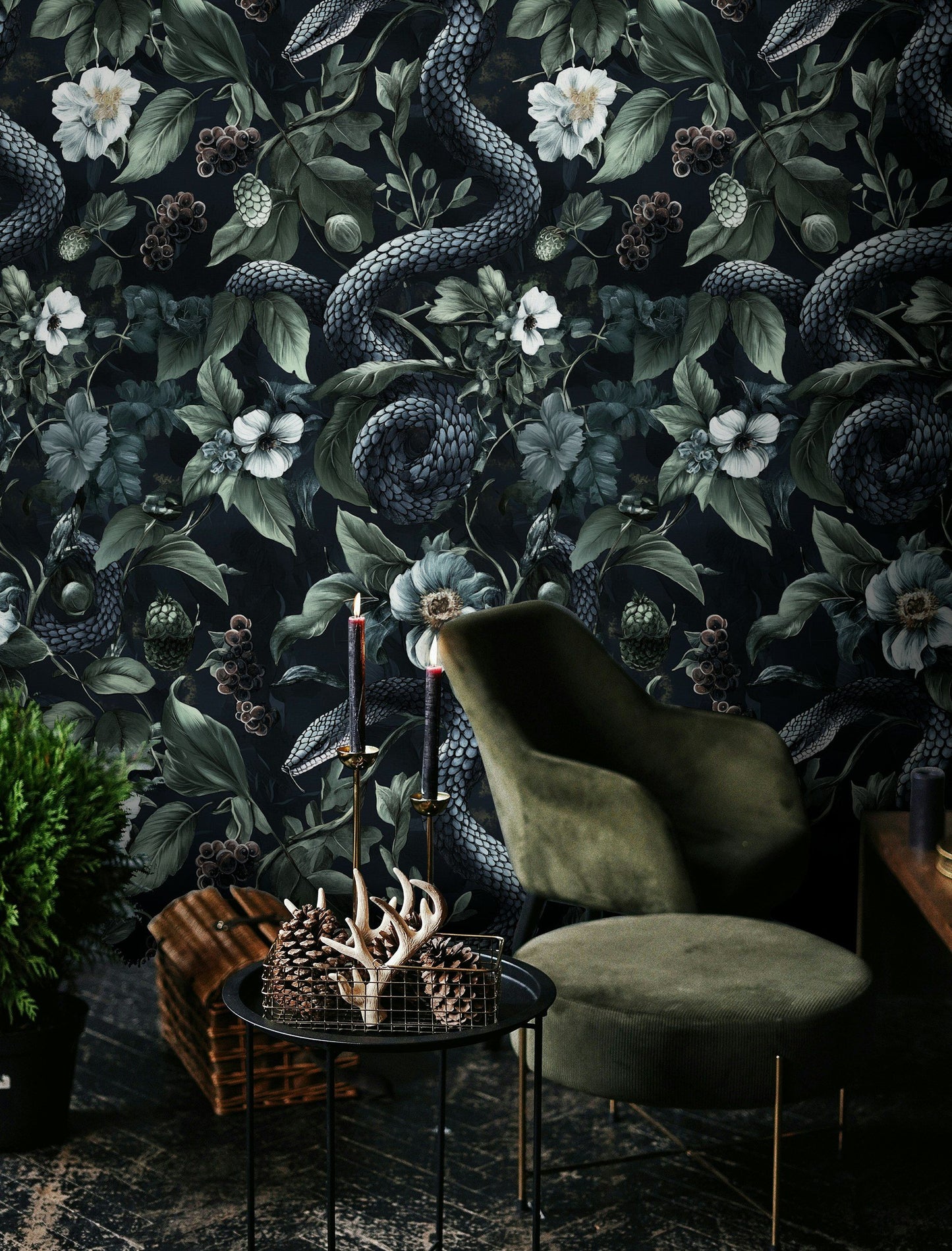 Dark Botanical Wallpaper  Moody Floral Decor