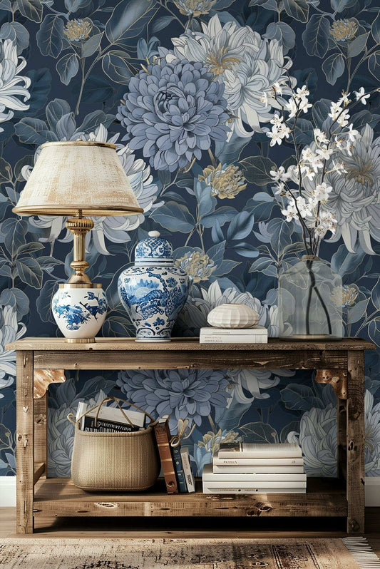 Elegant Blue Floral Wallpaper Large Chrysanthemums Peel and Stick Mural