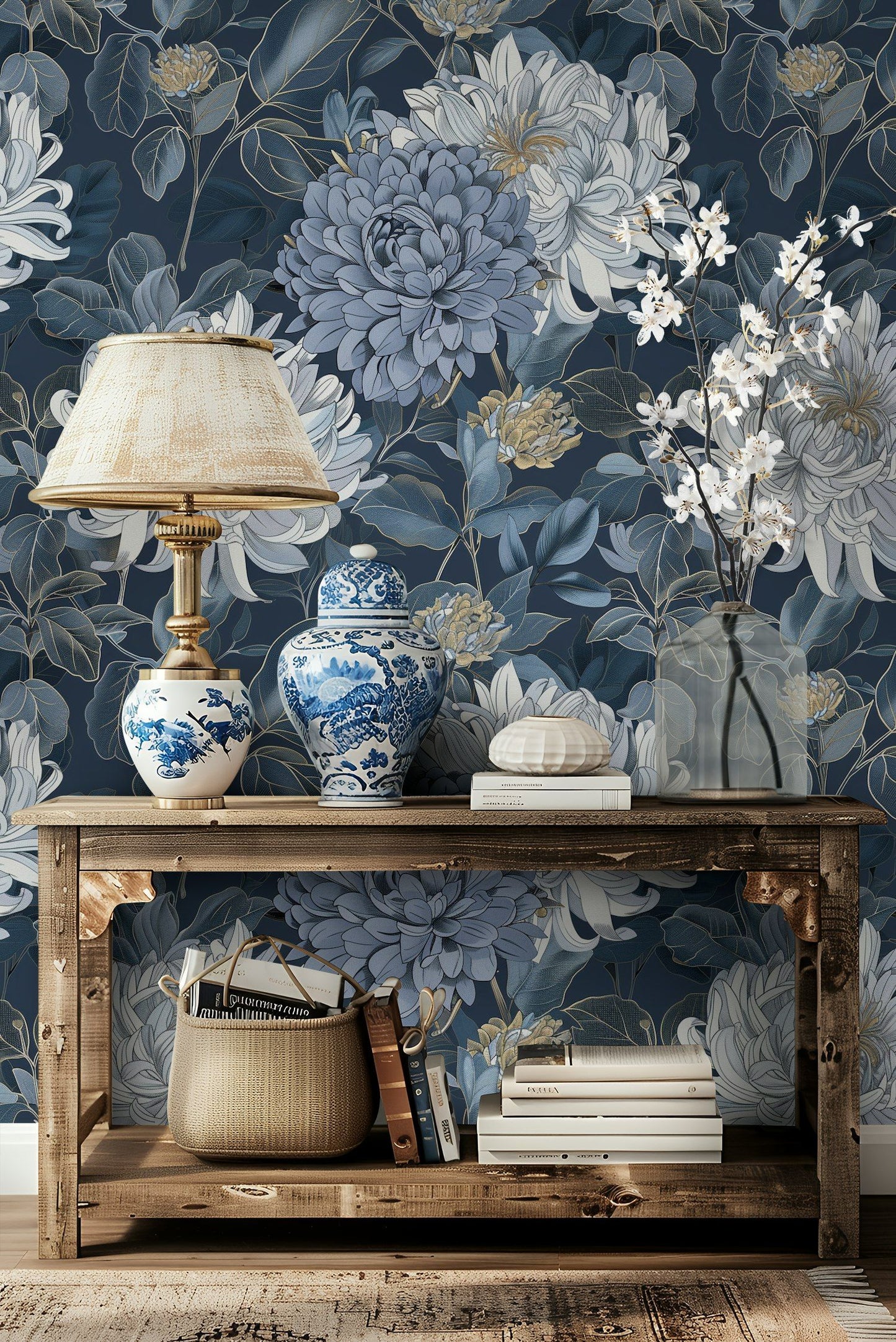 Elegant Blue Floral Wallpaper Large Chrysanthemum Wall Mural
