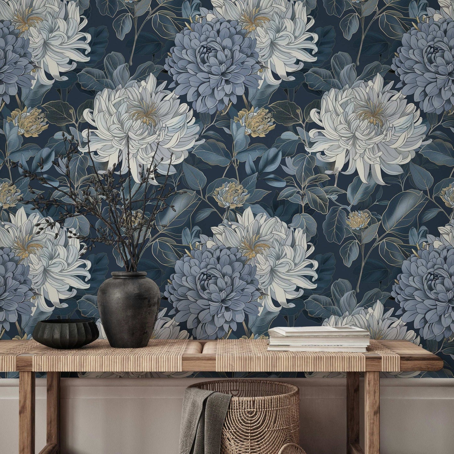 Elegant Blue Floral Wallpaper Large Chrysanthemums Peel and Stick Mural