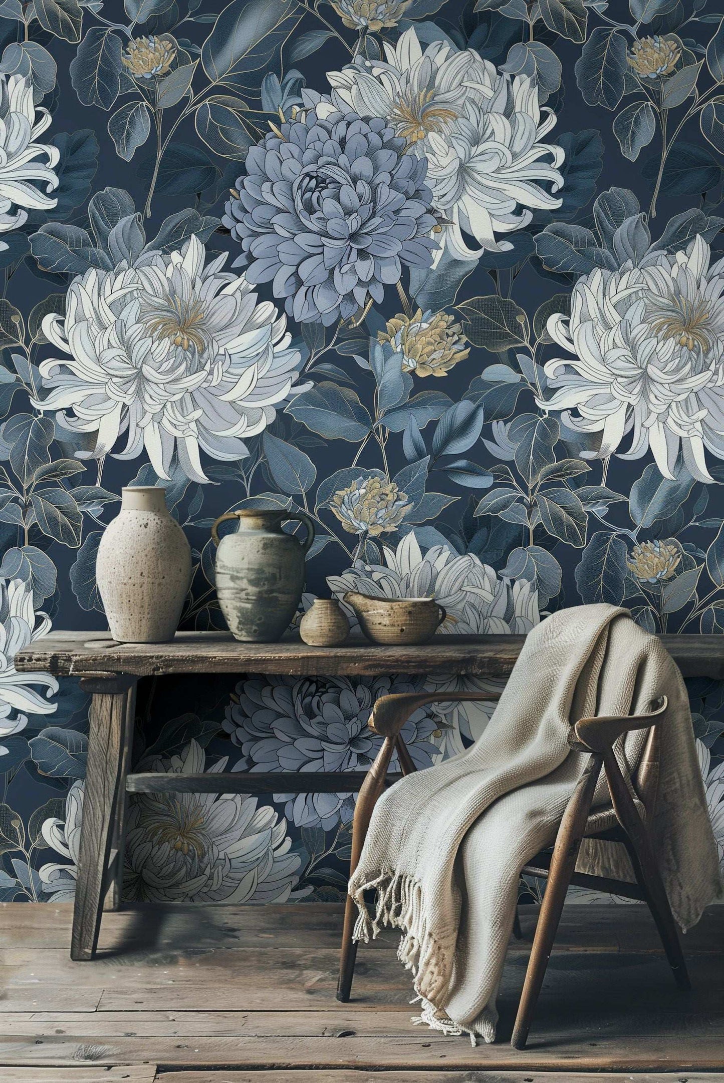 Elegant Blue Floral Wallpaper Large Chrysanthemums Peel and Stick Mural