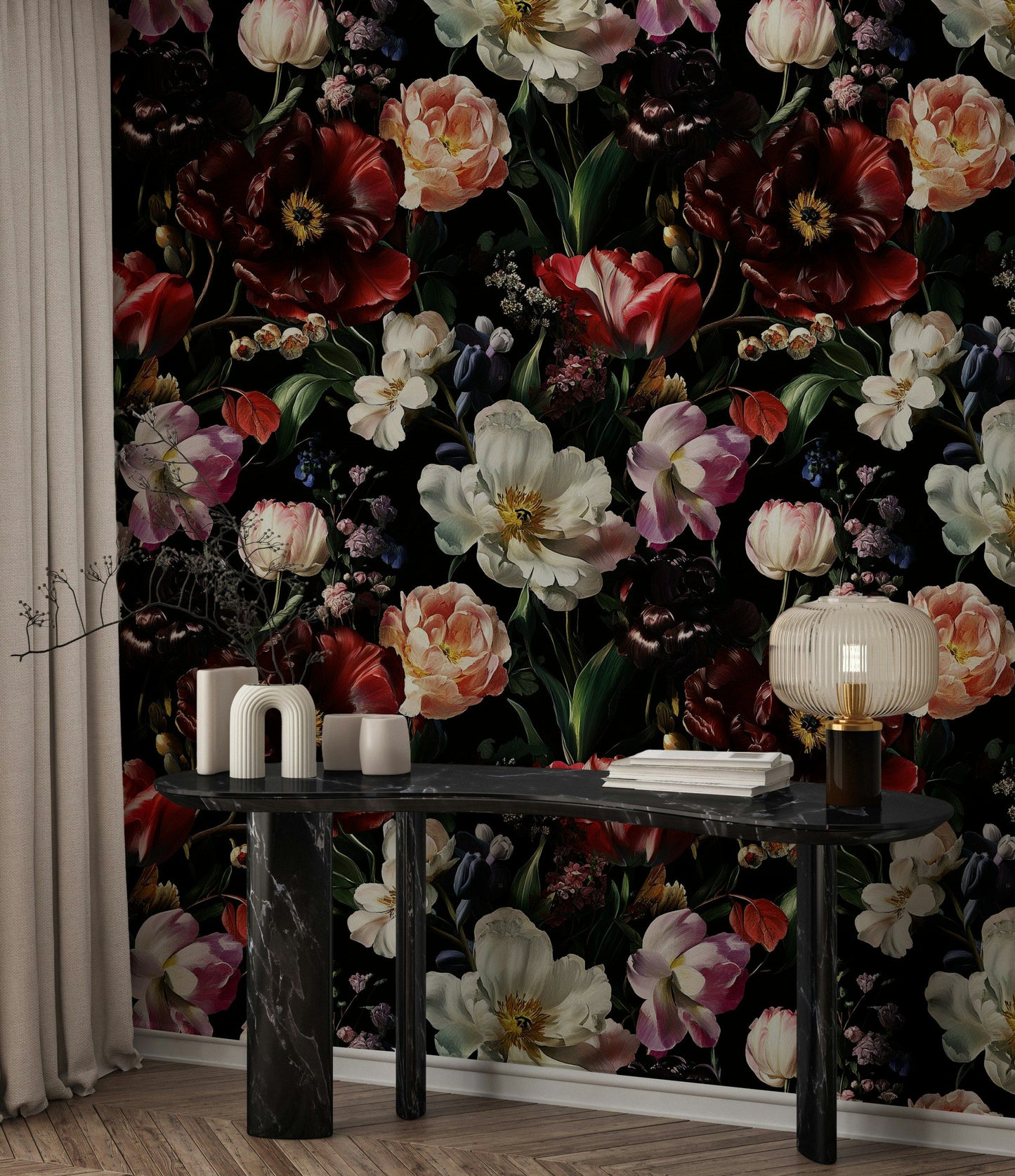 Dark Floral WallpaperRomantic Flower Pattern Peel and Stick Wall Mural