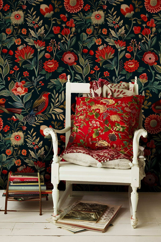 Vibrant Red and Black Floral Wallpaper Peel and Stick Roll