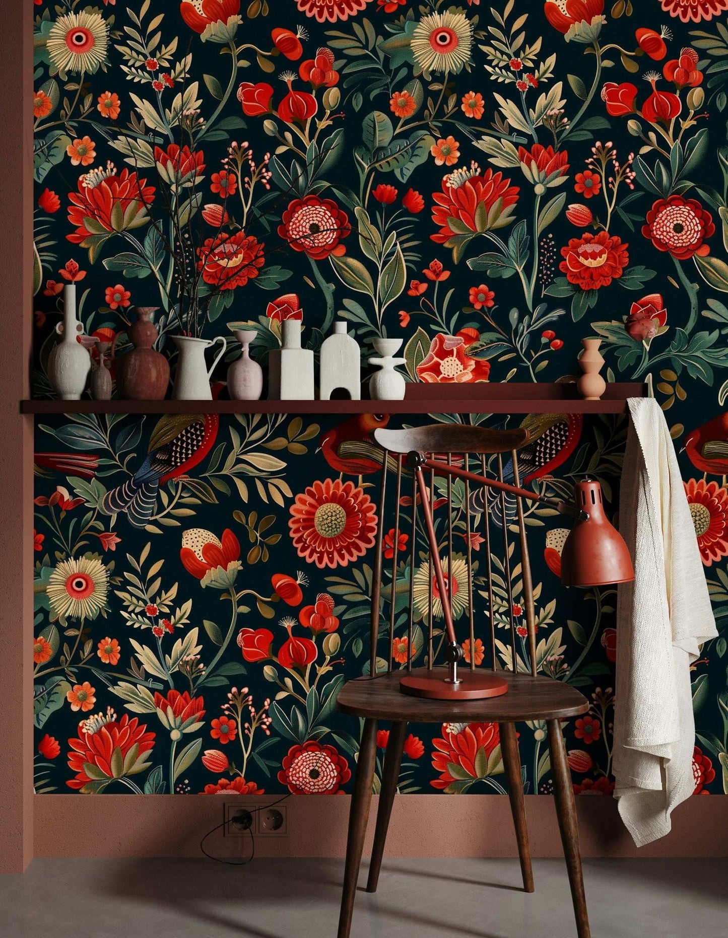 Vibrant Red and Black Floral Wallpaper Peel and Stick Roll