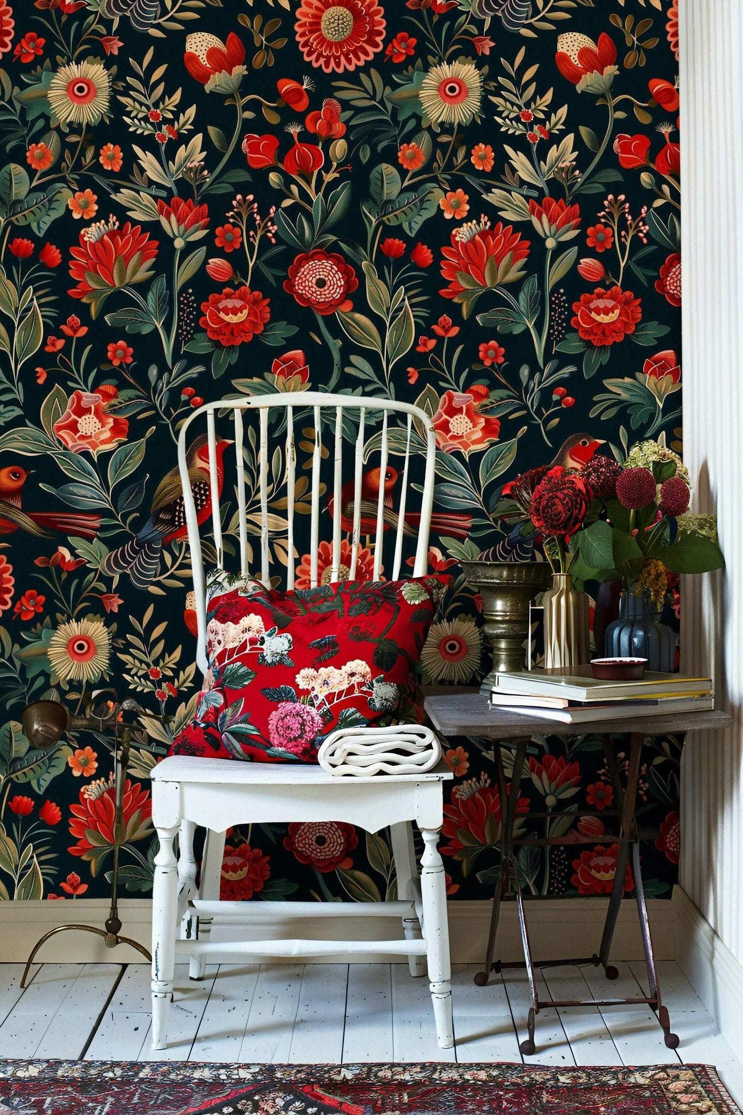 Vibrant Red and Black Floral Wallpaper Peel and Stick Roll