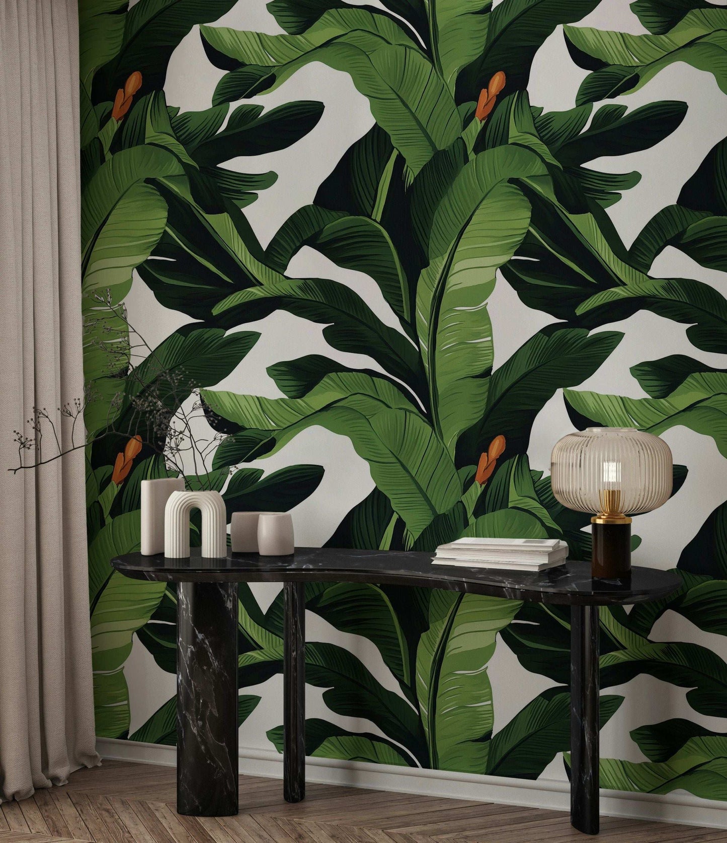 Green Tropical Banana Leaves Wallpaper Modern Botanical Wall Mural