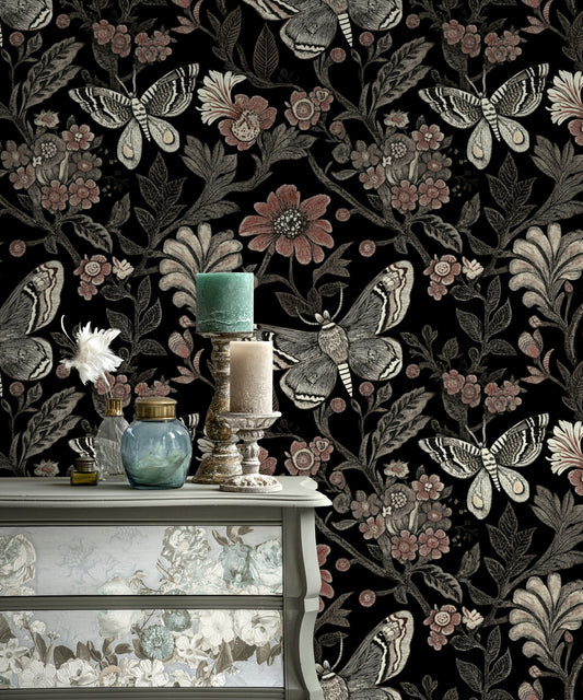 Vintage Moth and Floral Pattern Wallpaper Design