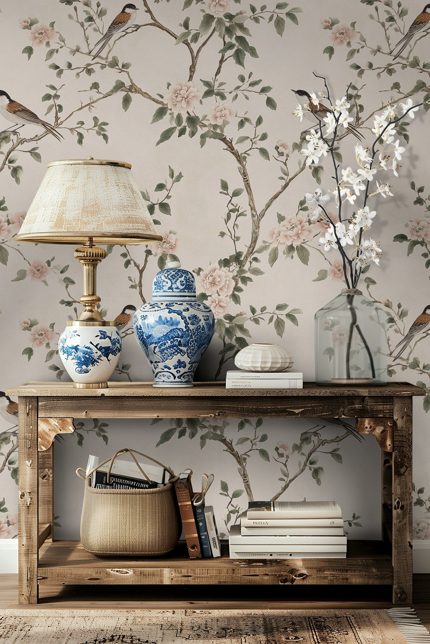 Bird and Blossom Wallpaper Peel and Stick Elegant Asian Style Wall Mural