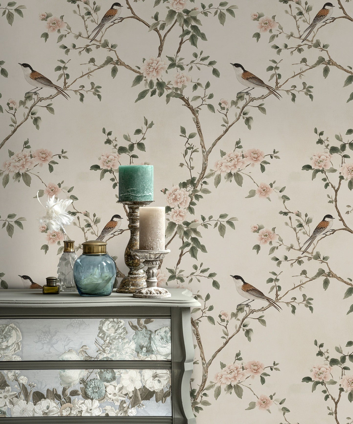 Bird and Blossom Wallpaper Peel and Stick Elegant Asian Style Wall Mural