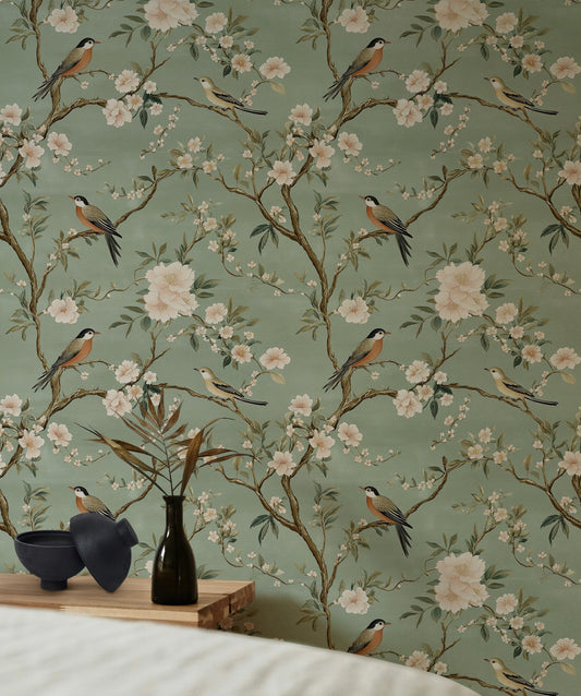 Charming Bird and Blossom Wallpaper Peel and Stick Green Botanical Wall Mural