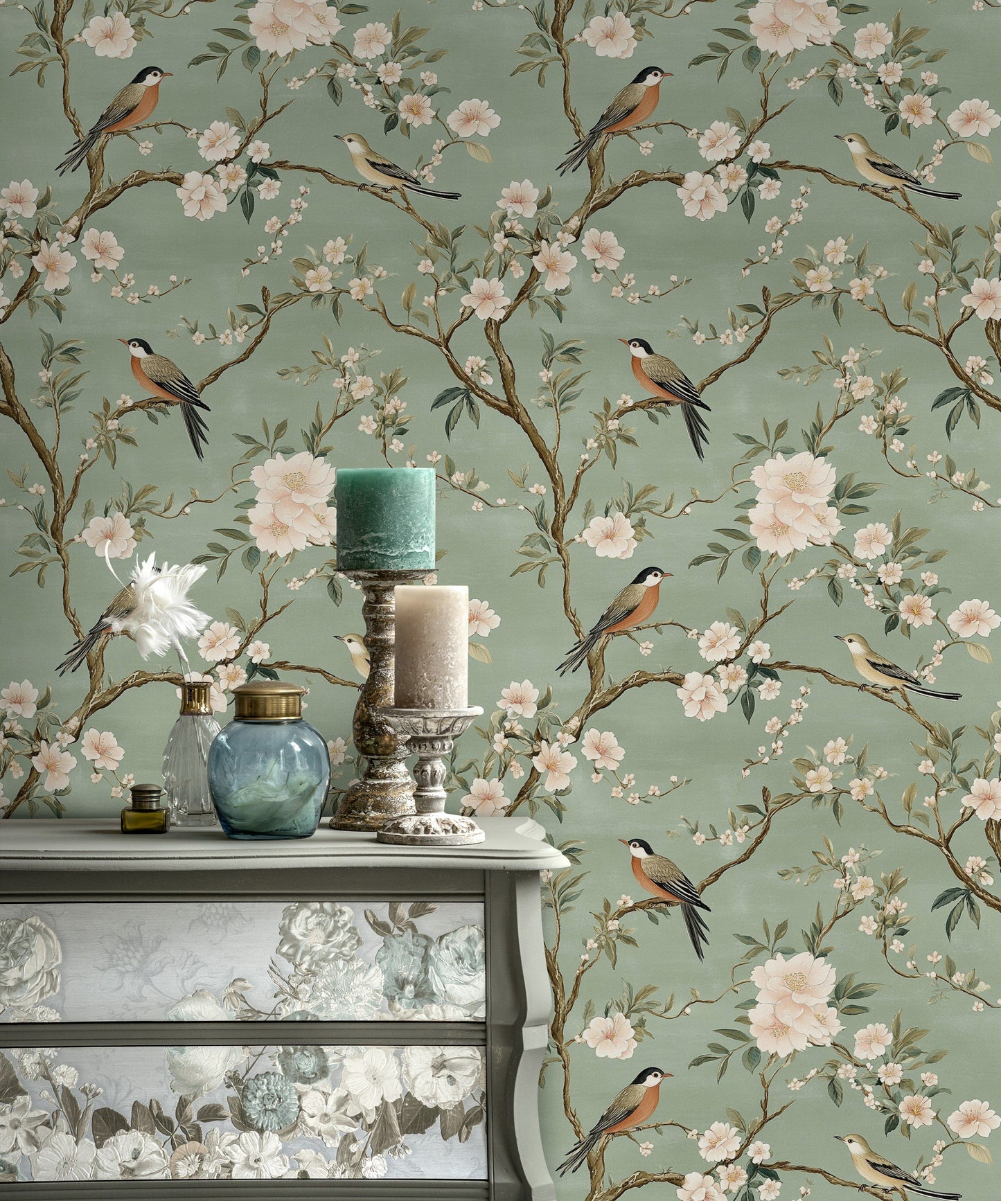 Charming Bird and Blossom Wallpaper Peel and Stick Green Botanical Wall Mural