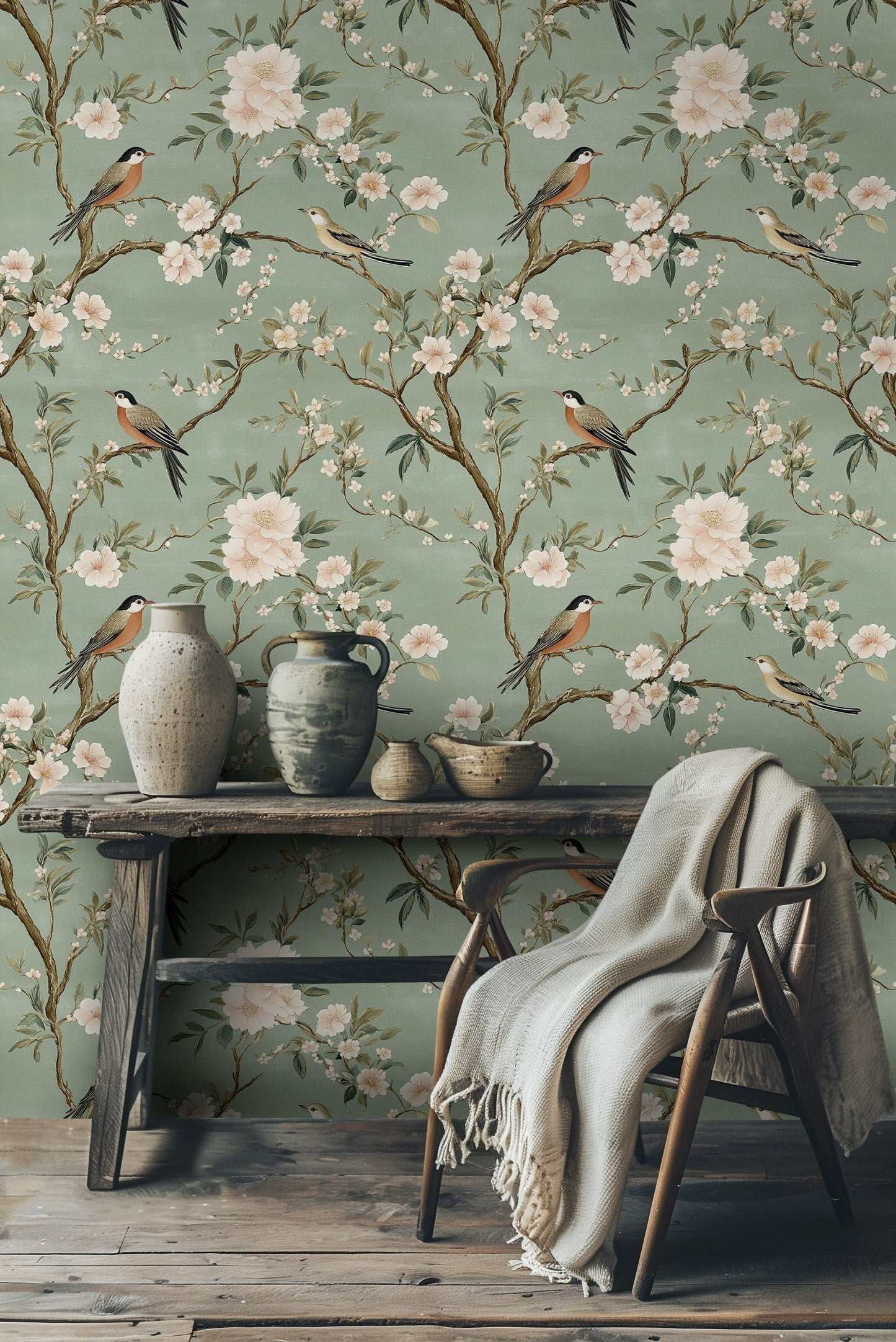 Charming Bird and Blossom Wallpaper Peel and Stick Green Botanical Wall Mural