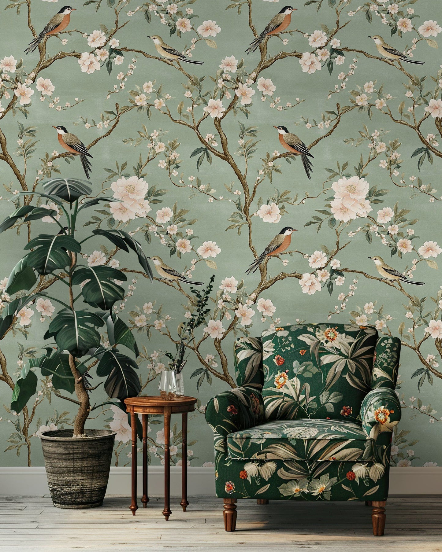 Charming Bird and Blossom Wallpaper Peel and Stick Green Botanical Wall Mural