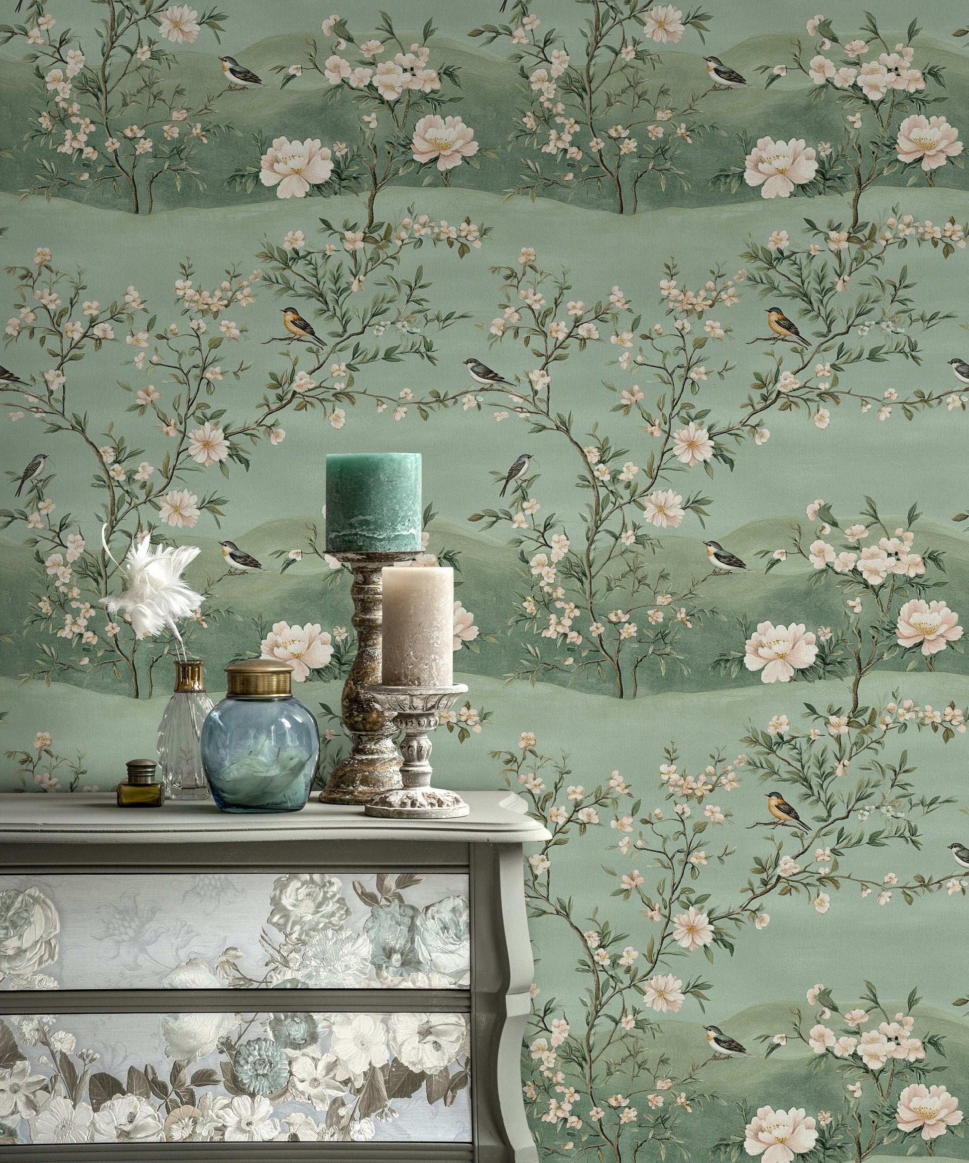 Chinoiserie Style Floral Wallpaper Serene Green Bird and Blossom Wall Mural