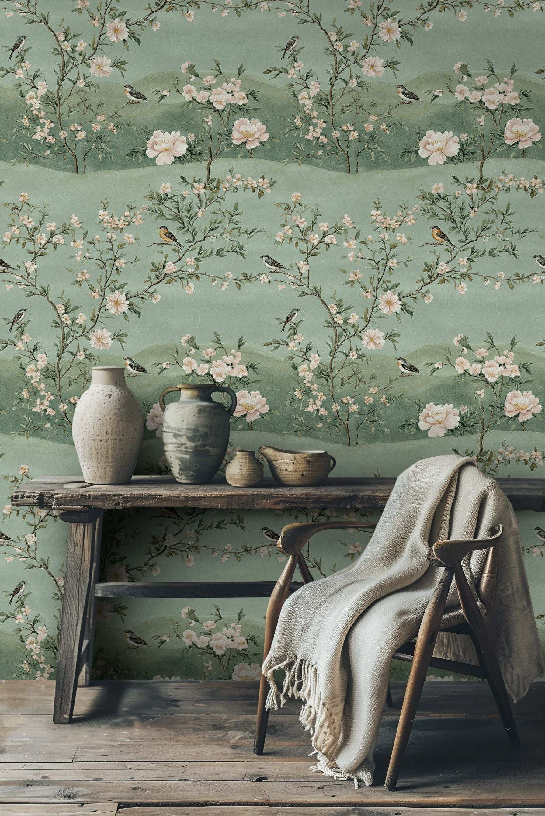 Chinoiserie Style Floral Wallpaper Serene Green Bird and Blossom Wall Mural