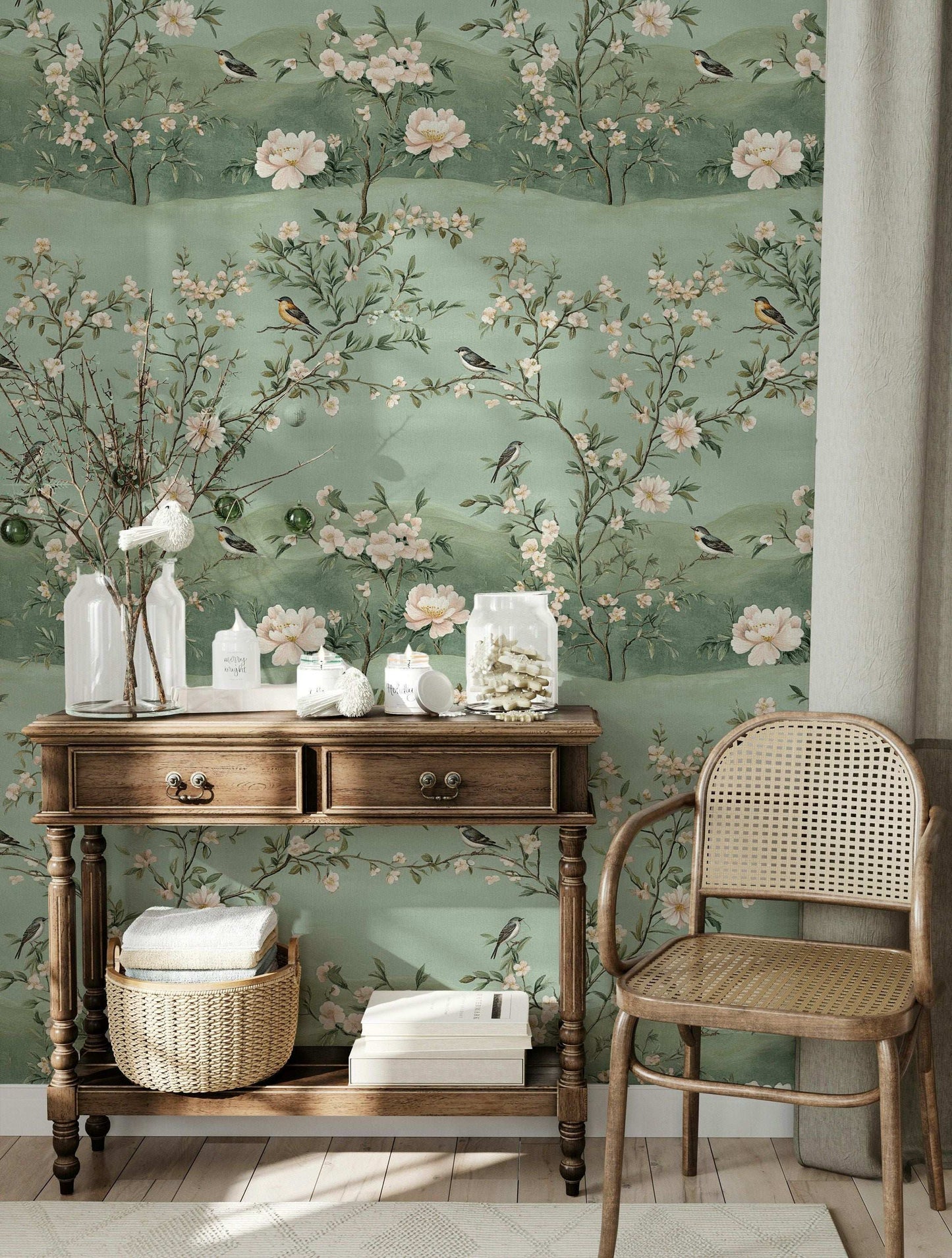 Chinoiserie Style Floral Wallpaper Serene Green Bird and Blossom Wall Mural